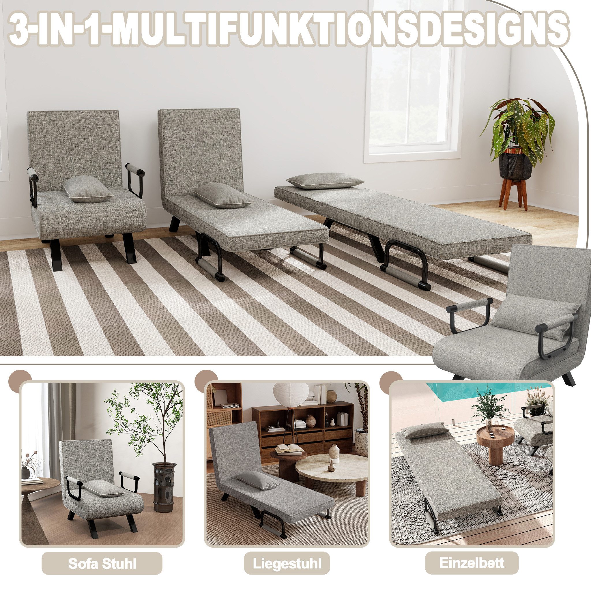 FIVMEN Sessel 3 in 1 Schlafsessel Schlafsofa Klappbares mit Bettfunktion, Klappsessel mit Verstellbare Rückenlehne Sofabett Gästebettfür – Bild 5 von 5