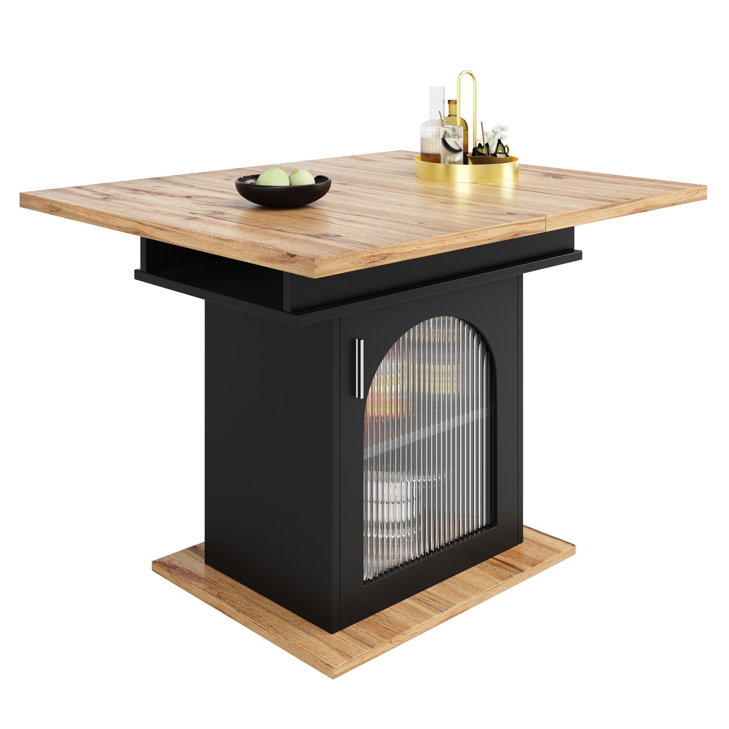 Flieks Esstisch (klappbar 110-140x80x76 cm, 1-St., mit Glastür und Metallgriff), ausziehbar Küchentisch rechteckig mit Stauraum Schreibtisch schwarz