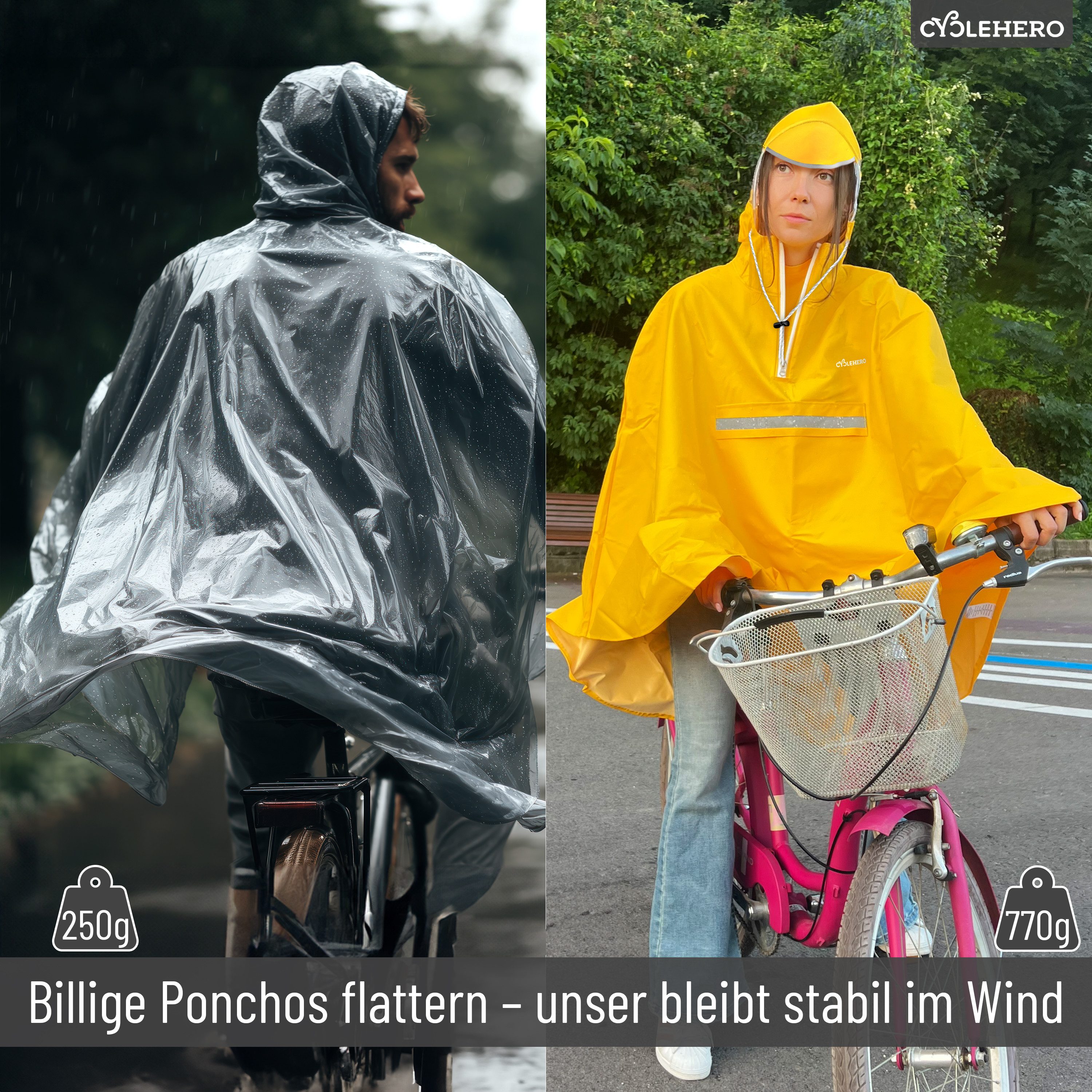 CYCLEHERO Regenponcho Fahrrad mit Reflektoren, wasserdicht, Gelb, L, Unisex (Einzelartikel, 1-St., L) – Bild 4 von 5