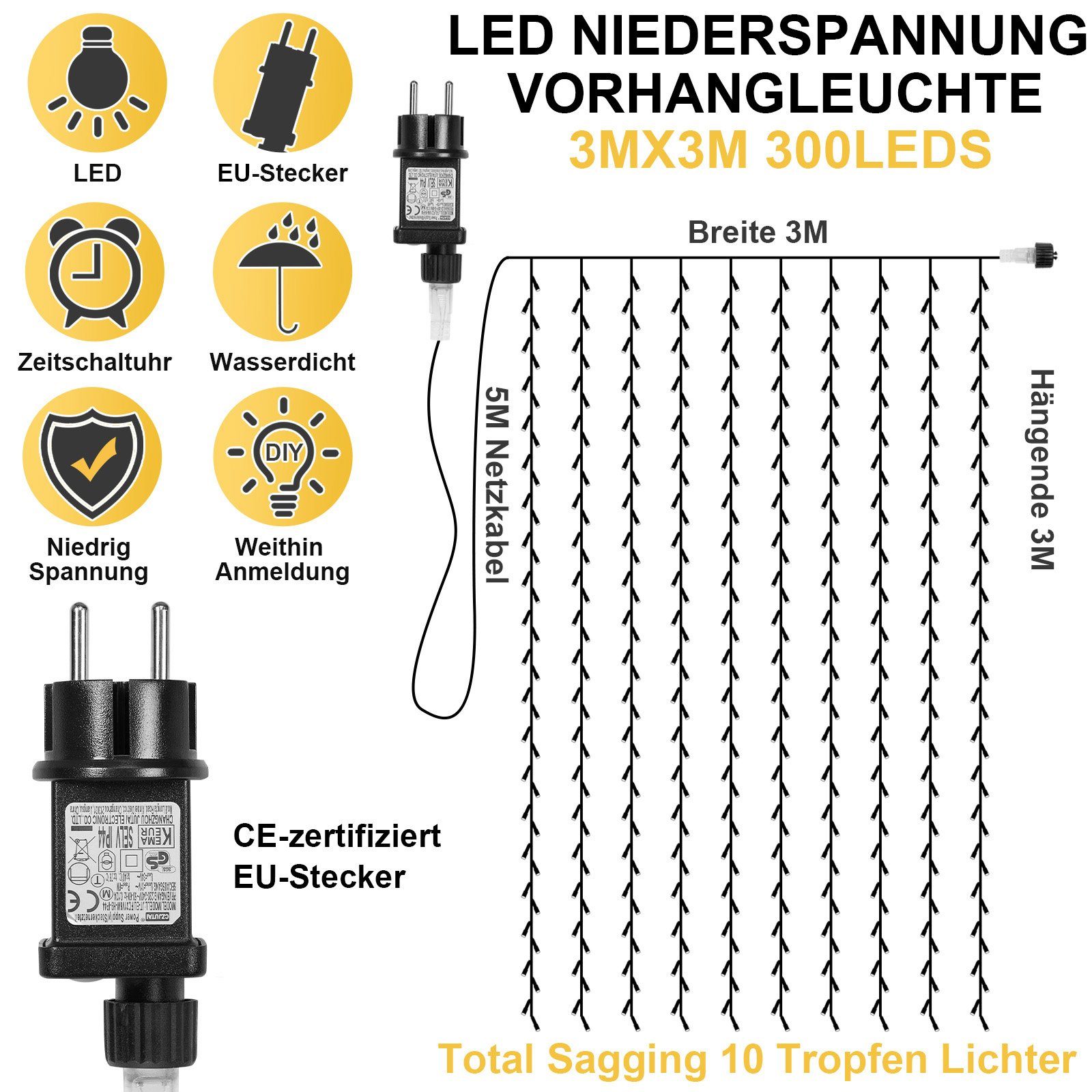 Rosnek Lichtervorhang 31V, 3x3M, 10 Stränge, günstig online kaufen