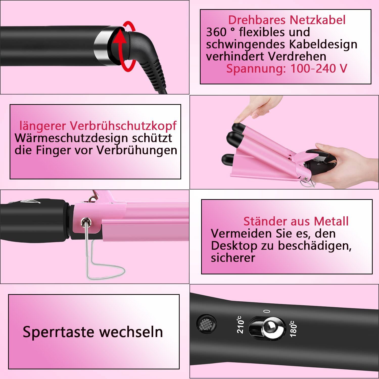 Styling Werkzeug 3 Fässer zggzerg Lockenstab zggzerg Lockenstab Welleneisen.Haar Rosa