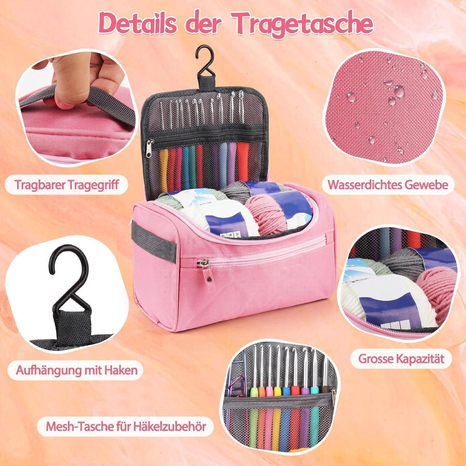 LuxusKollektion Häkelnadeln Häkelset Anfänger Häkelnadelset 15 Wolle Tasche Zubehör Rosa