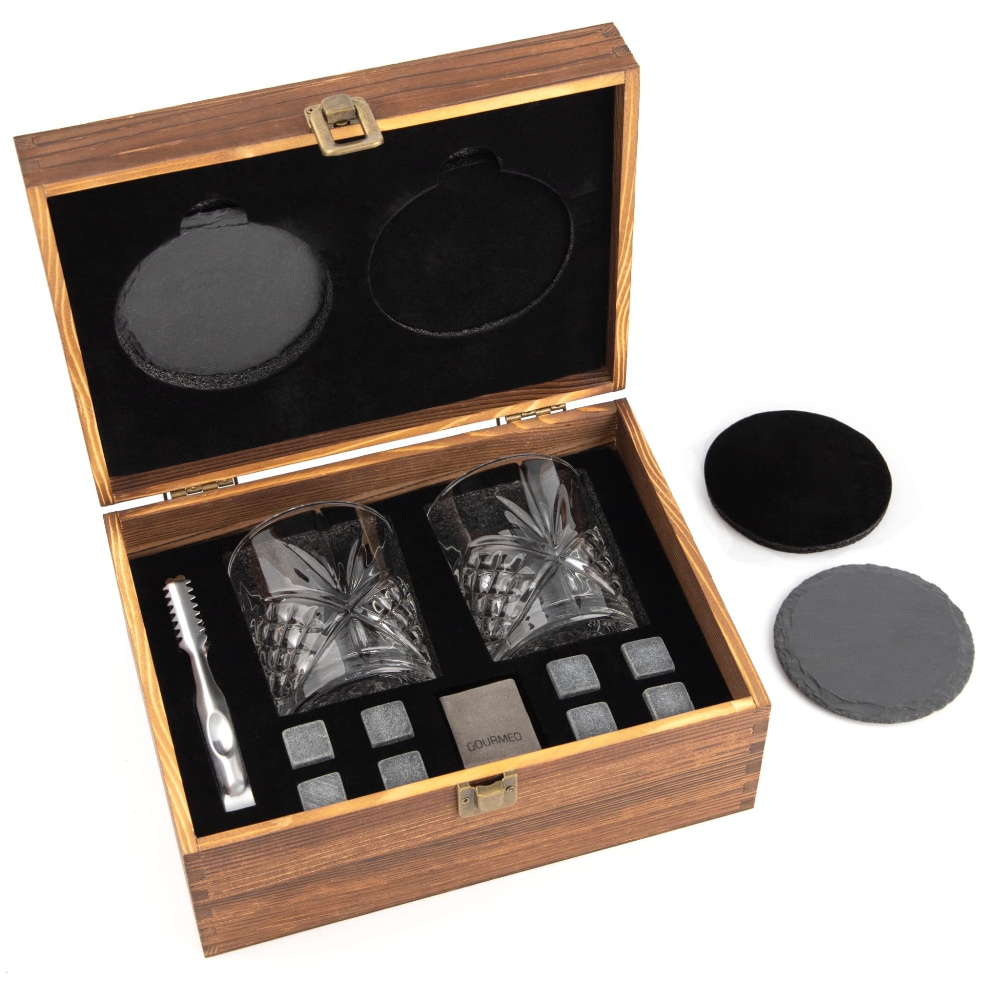 Whiskyglas Whiskey Geschenkset: 8 Steine, 2 Gläser, Zange, Eiswürfel
