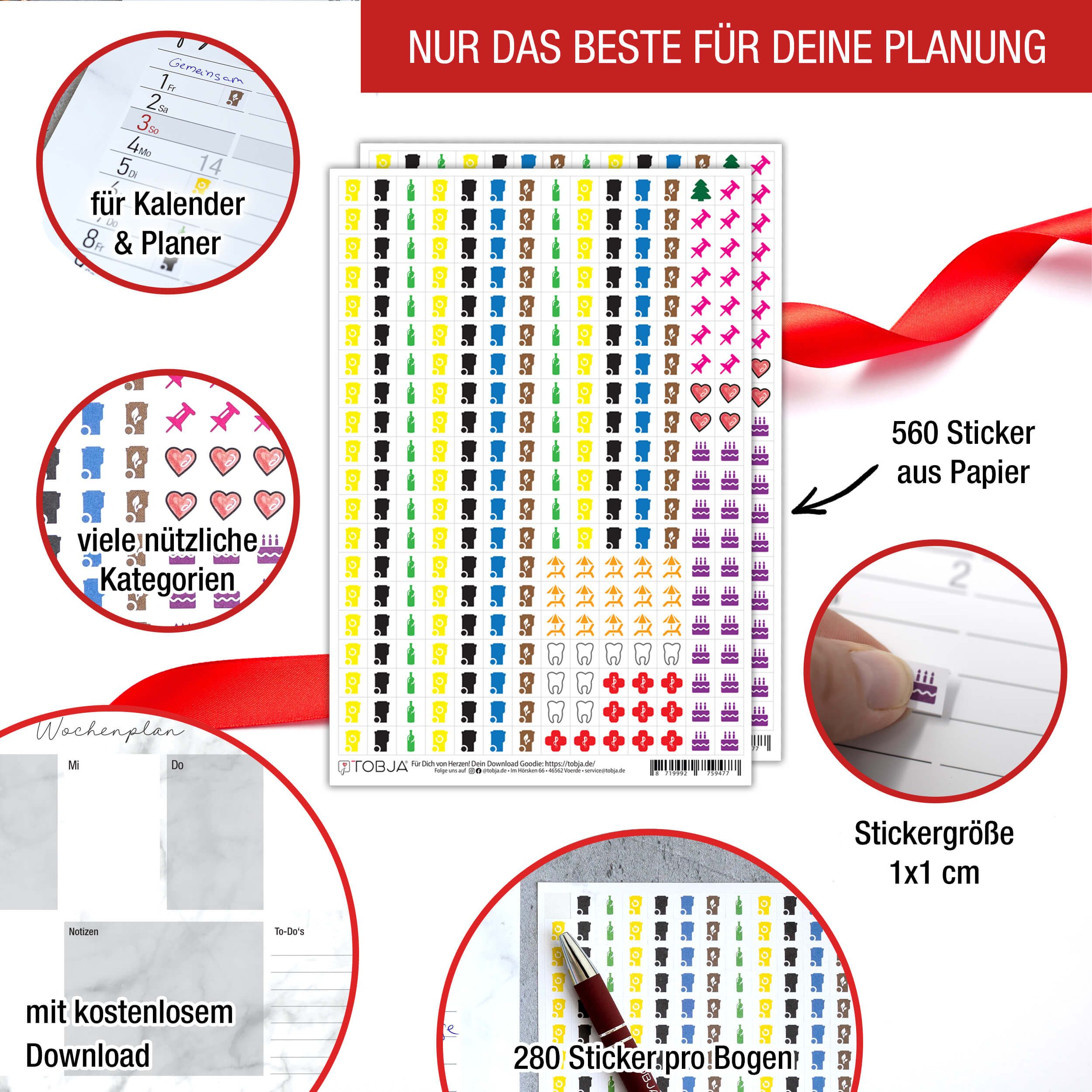 TOBJA Wandkalender Sticker Aufkleber Set für Kalender Mülltonne, 560 Kalendersticker Optimal für Müllkalender, Familienkalender, Planer – Bild 2 von 5