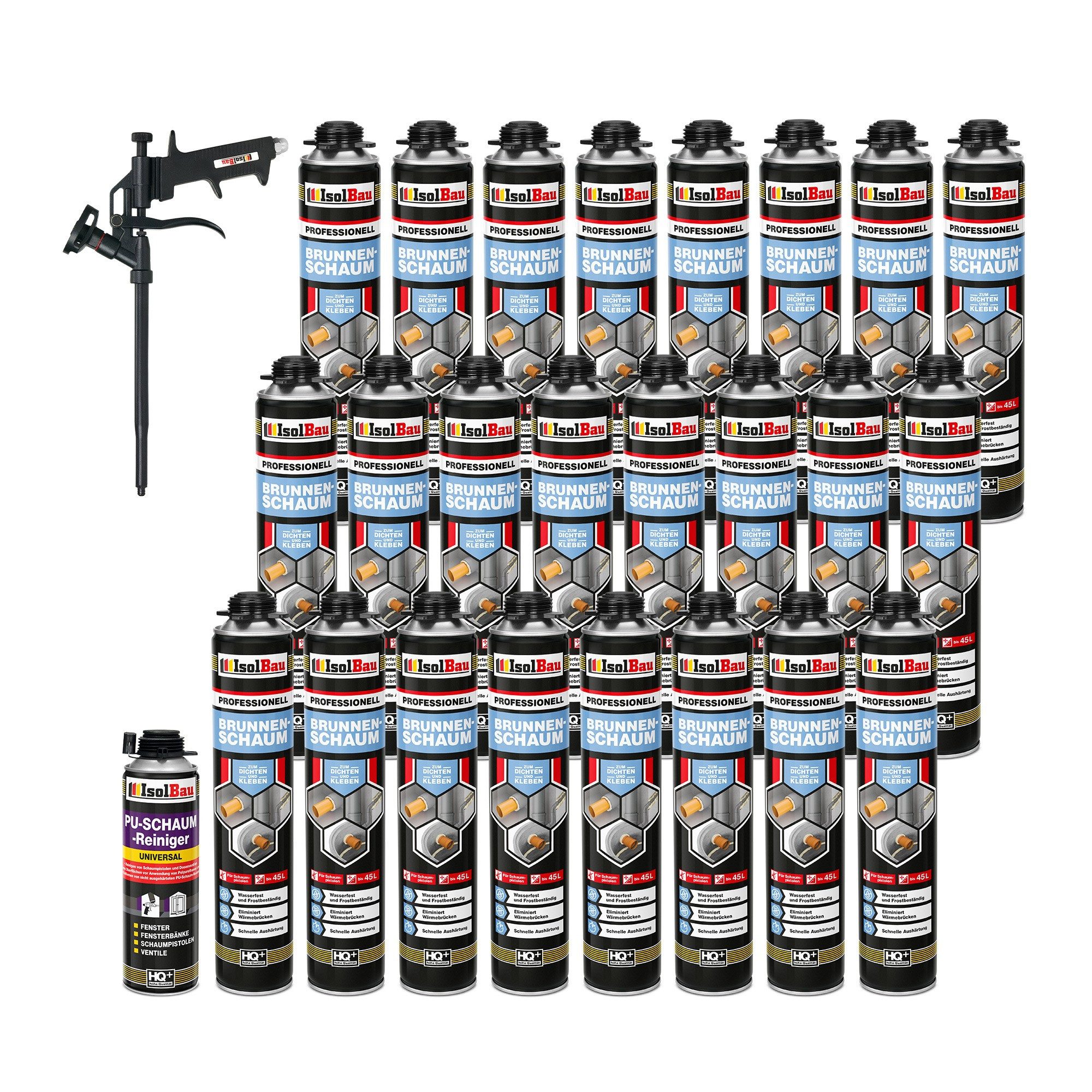 None Montagekleber Isolbau SET Brunnenschaum Dämmschaum Bauschaum PU-Schaum 24 x 750 ml, Montageschaum 750 ml, 1 x PU-Schaum-Reiniger & 1 x Schaumpistole