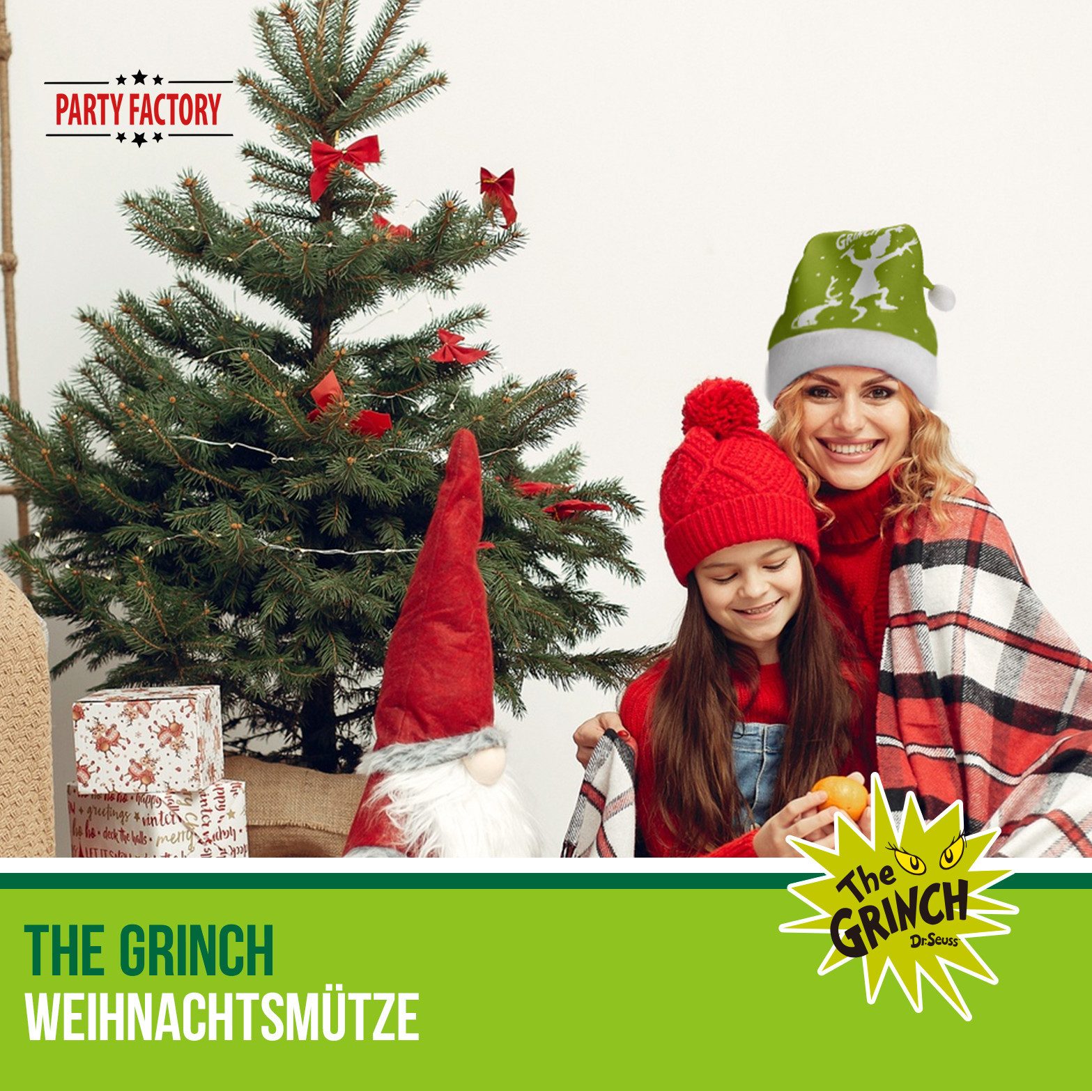 Party Factory Bommelmütze The Grinch Weihnachtsmütze grün-weiße Mütze 30 × 42 cm Polyester (1-St)
