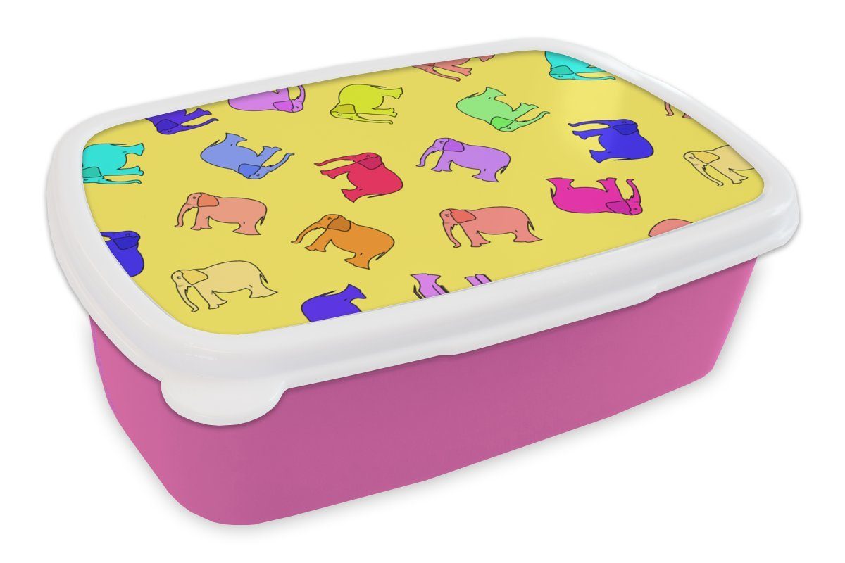 MuchoWow Lunchbox Elefant - Gelb - Muster, Kunststoff, (2-tlg), Brotbox für Erwachsene, Brotdose Kinder, Snackbox, Mädchen, Kunststoff rosa