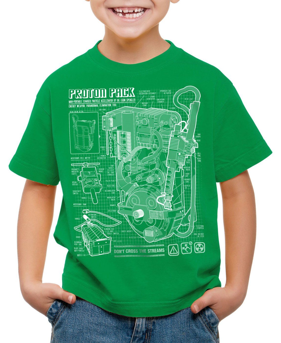 T-Shirt Kinder Print-Shirt grün pack Protonenstrahler style3 Blaupause Geisterjäger proton