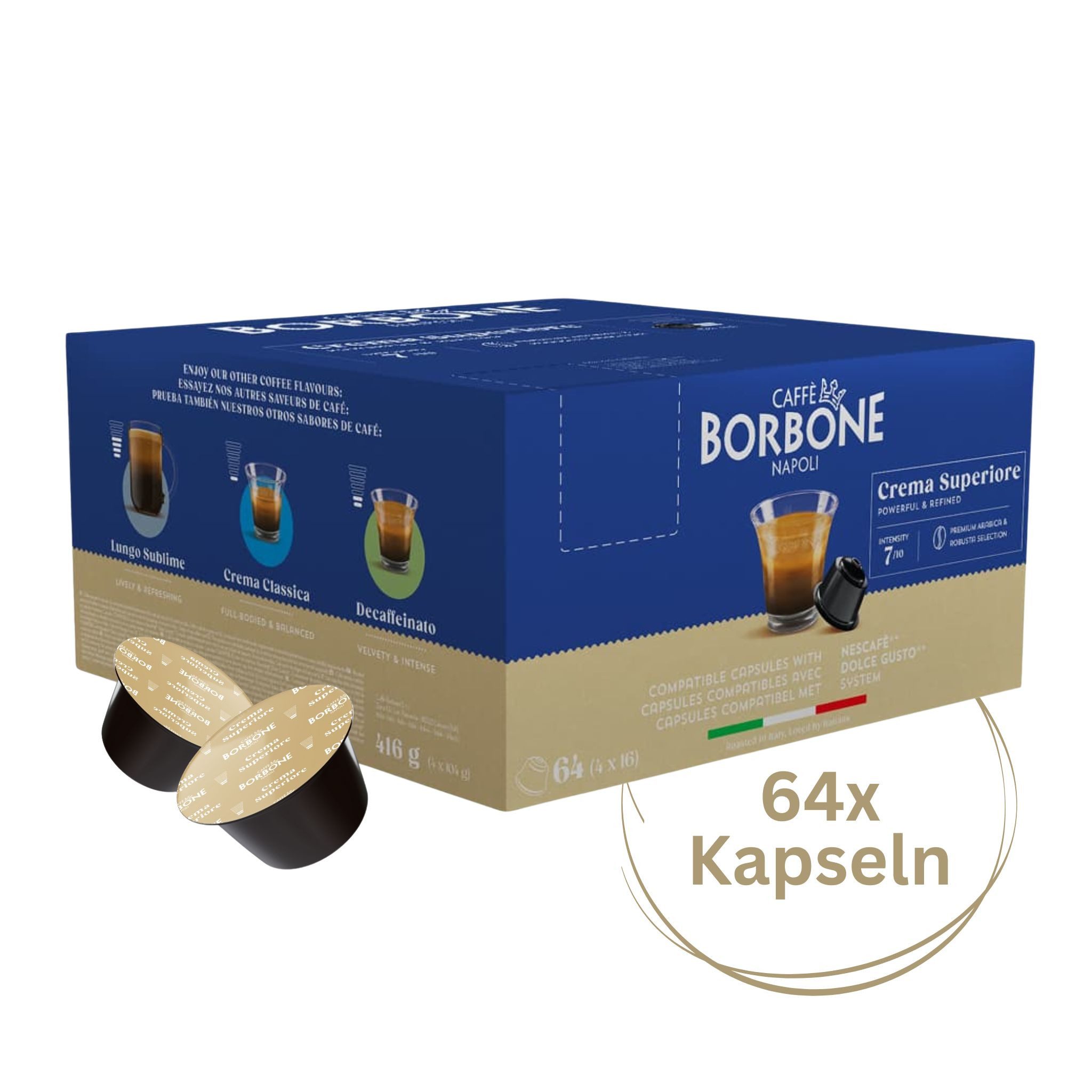 Caffè Borbone Kaffee Caffè Borbone Crema Superiore - 64x7g Kaffeekapseln, 1 x 7 g, 64 St. (kraftvoll und fein, Kompatibel Kaffeemaschinen Marke Nescafè®* Dolce Gusto)