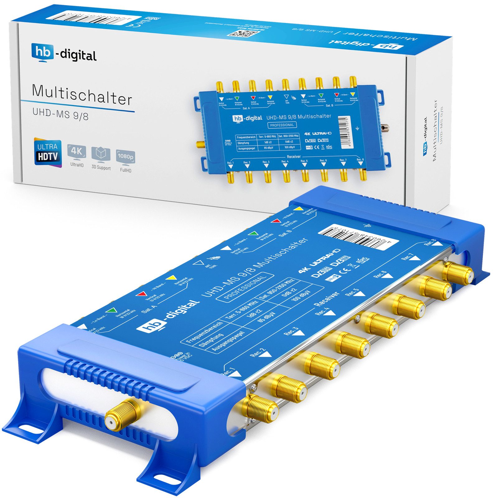 HB-DIGITAL SAT-Multischalter Multischalter SAT UHD-MS 9/8 bis zu 8 Teilnehmer Multiswitch, Der Multischalter 9/8 arbeitet ausschließlich mit Quattro LNB´s