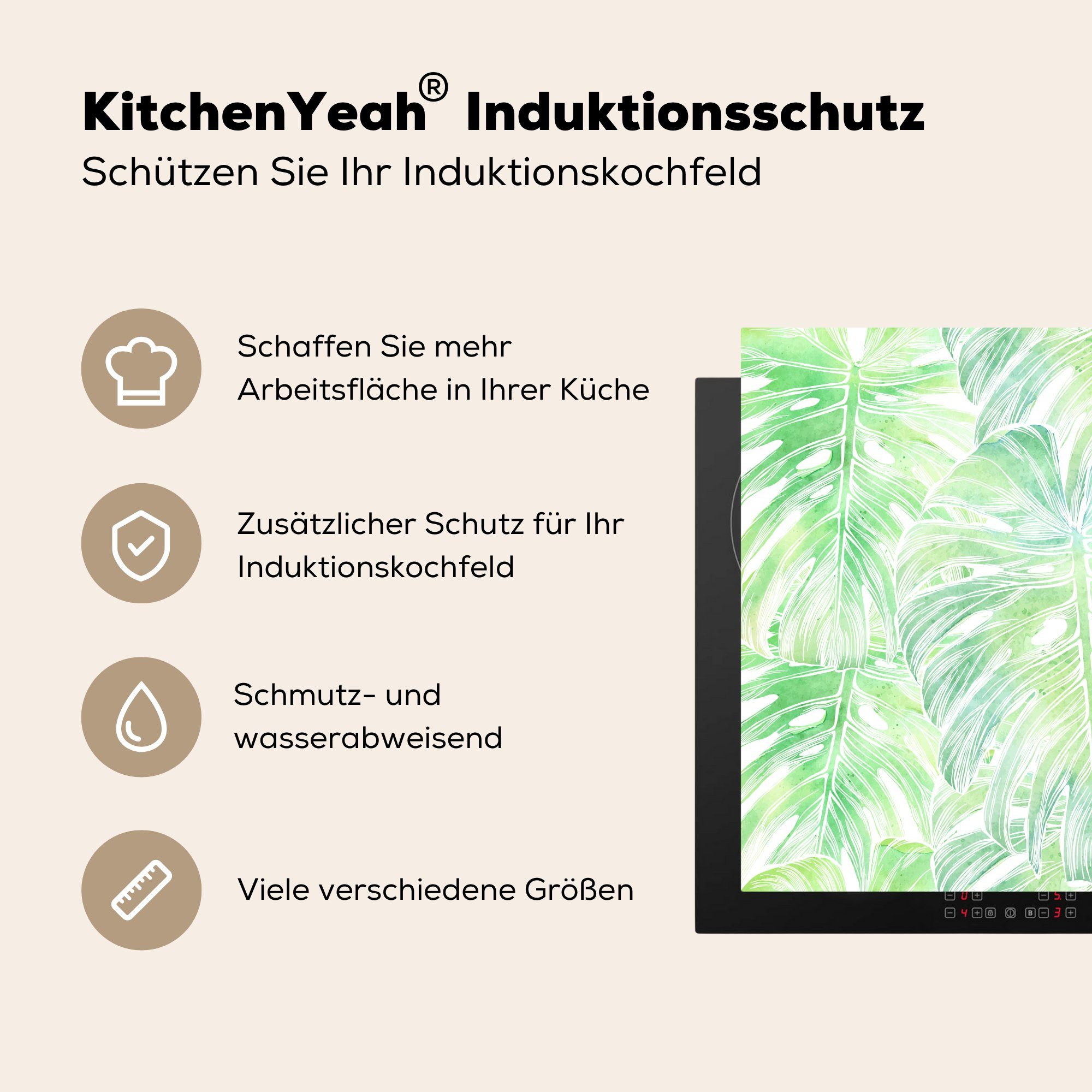 MuchoWow Grün, Ceranfeldabdeckung, - Aquarell cm, (1 küche Vinyl, Herdblende-/Abdeckplatte Malerei für tlg), Arbeitsplatte - 78x78