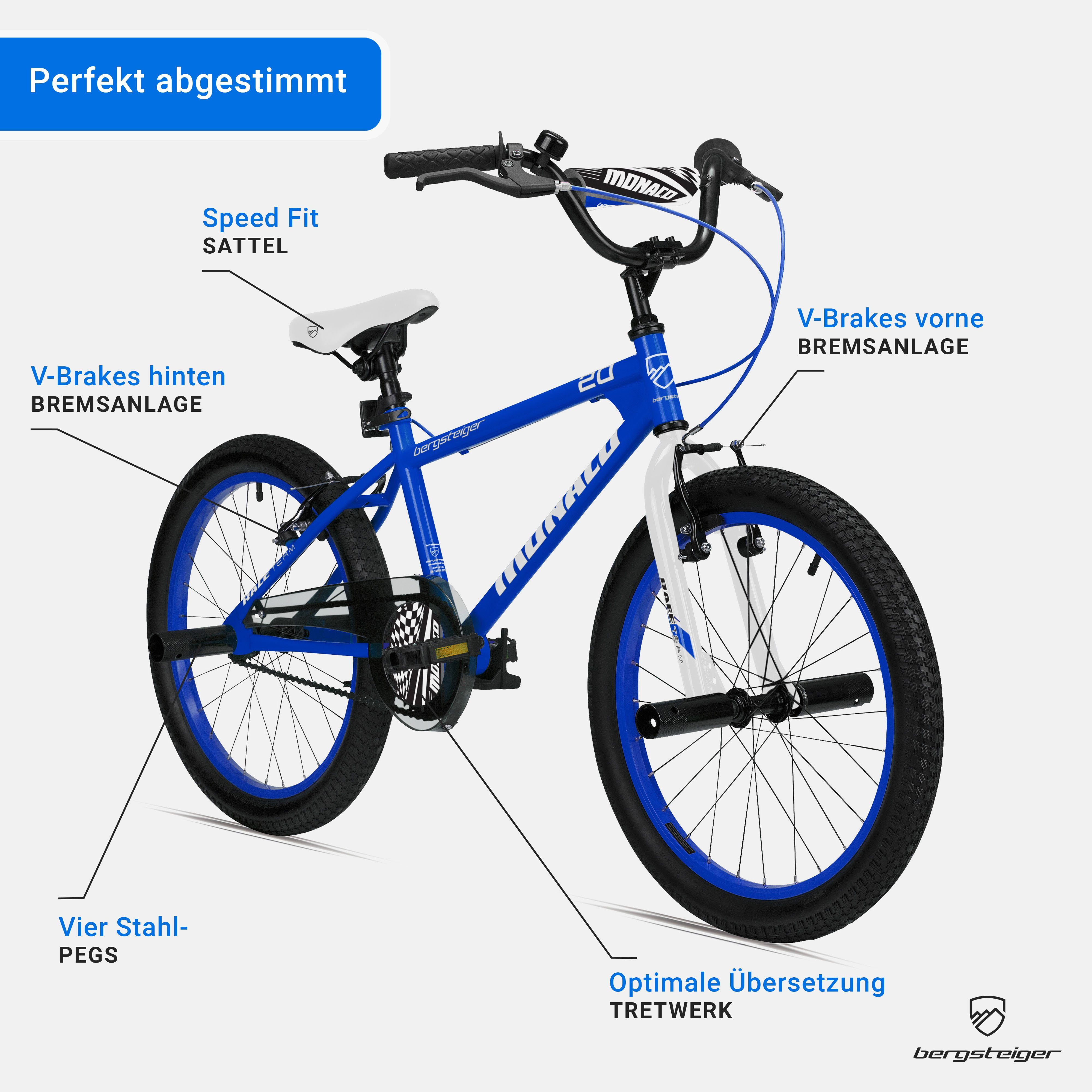 bergsteiger Kinderfahrrad Monaco 20 Zoll BMX, geeignet für 6 - 9 Jahre, Mädchen, Jungen, 1 Gang, V-Brakes – Bild 5 von 5