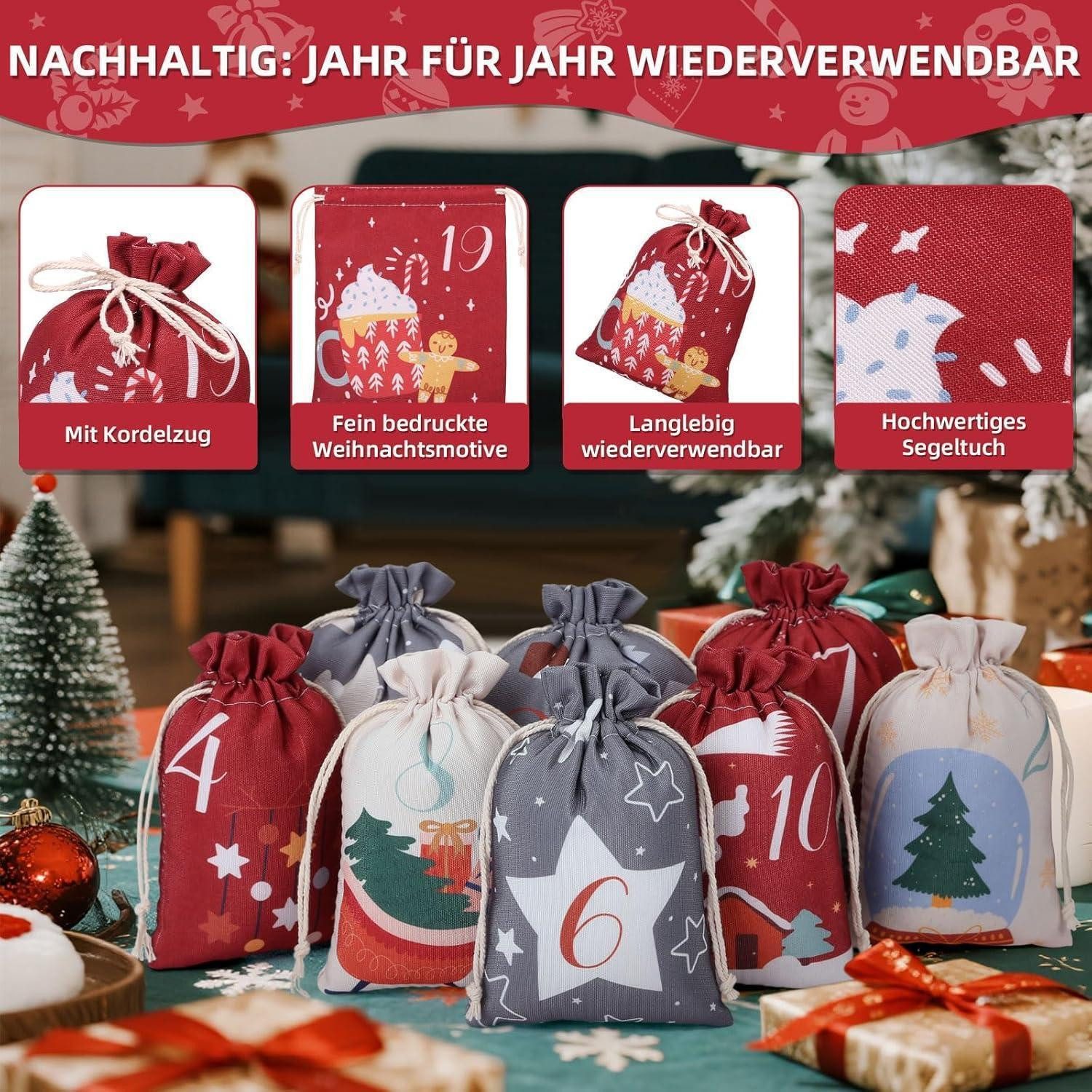 LuxusKollektion DIY-Adventskalender Adventskalender zum Befüllen 24 Stoffsäckchen mit Klammern und Schnur