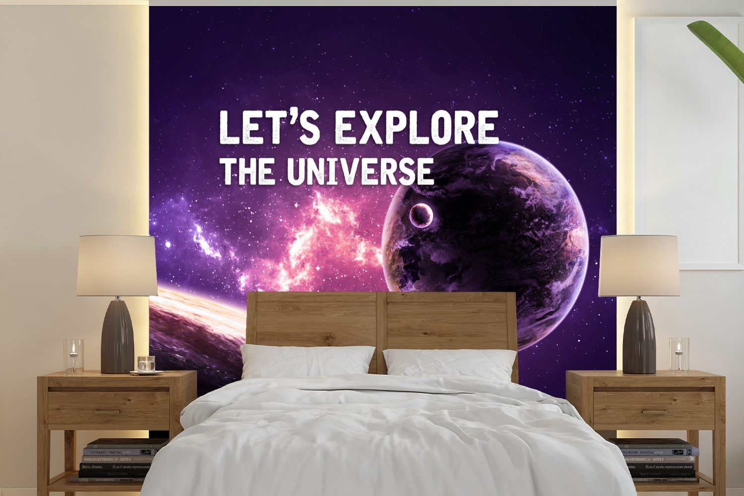 MuchoWow Fototapete Zitate - 'Lass uns das Universum erforschen' - Weltraum - Sprichwörter, Matt, bedruckt, (5 St), Vinyl Tapete für Wohnzimmer oder Schlafzimmer, Wandtapete