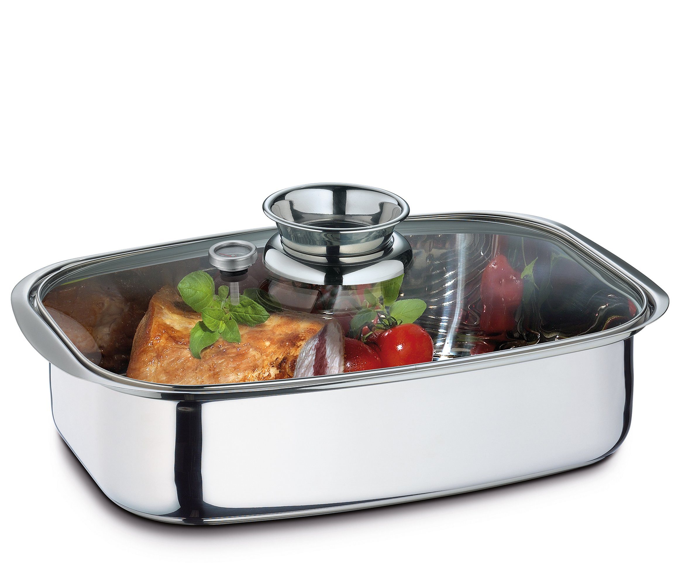 Küchenprofi Bräter Aromabräter Dampfgarer Edelstahl 36 cm mit Aromaknopf, Edelstahl Glas (1-tlg), Backofengeeignet Extra starker Mehrschichtboden
