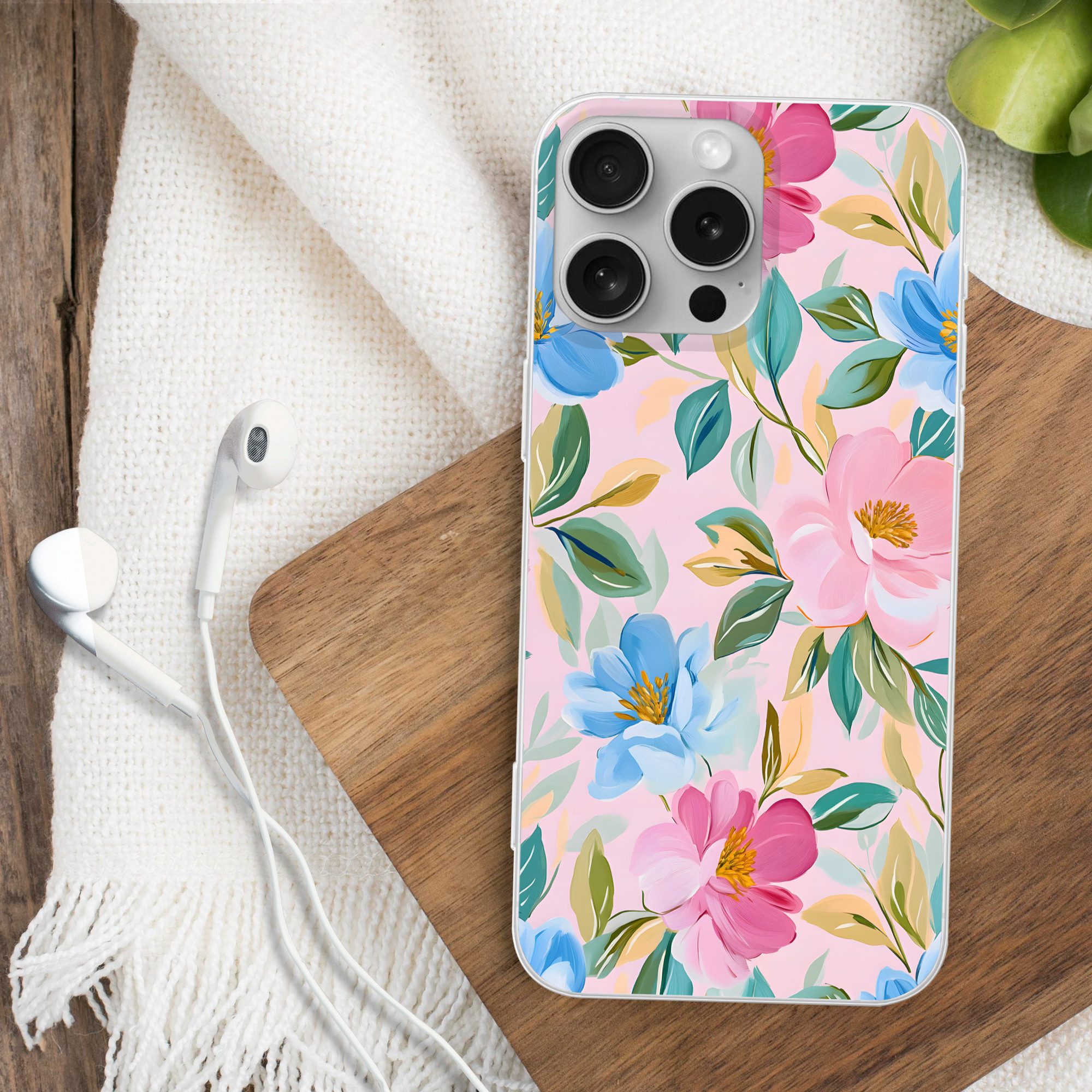 MuchoWow Handyhülle für Apple iPhone 16 Pro Max Blau - Rosa - Blumen, Smartphone-Bumper, Print, Handy Schutzhülle Dünn