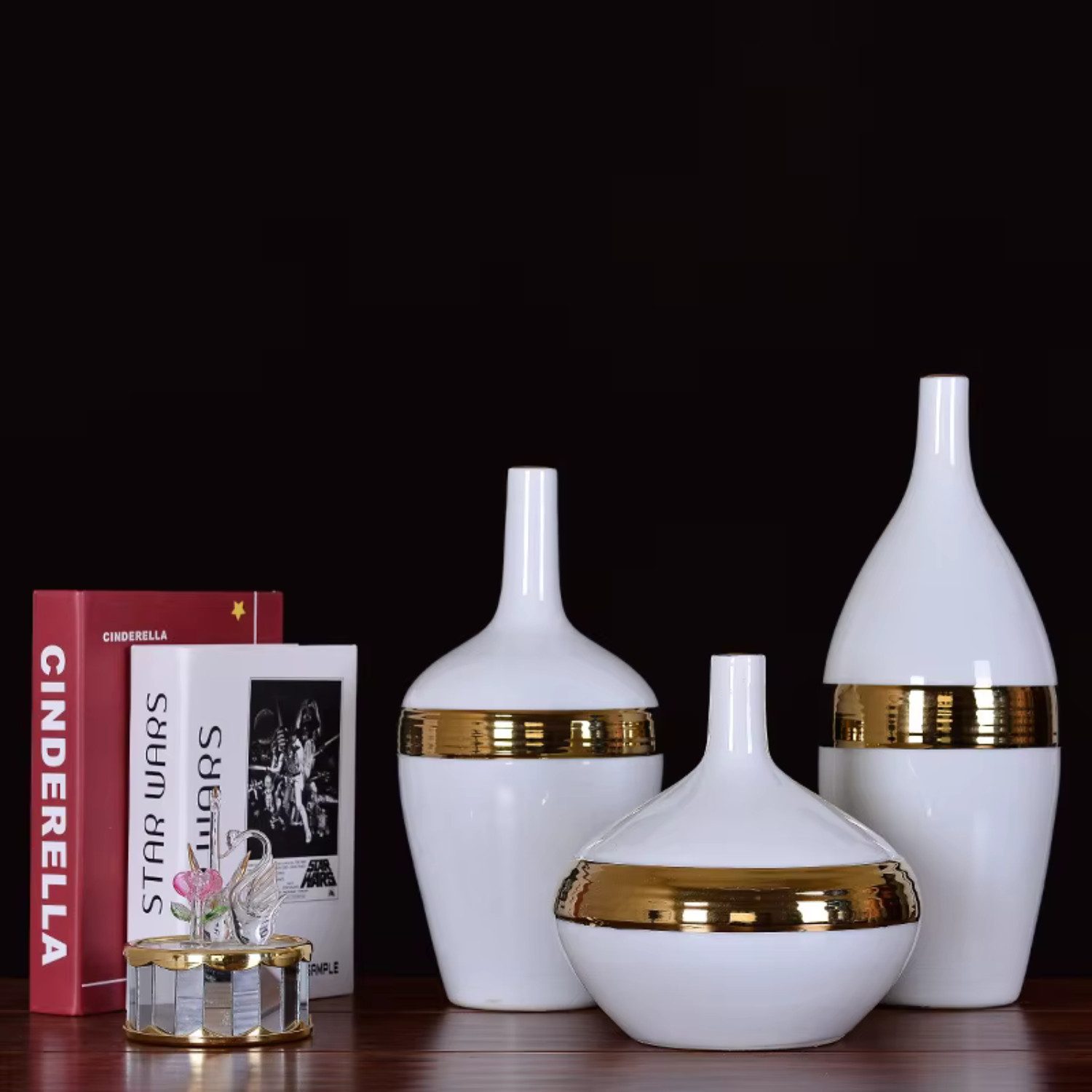 Quality Elegance Dekovase Luxus Keramik Vasen Set 3-teilig – Weiß mit Goldstreifen (3 St., 3 tlg), Luxus Wohnkultur