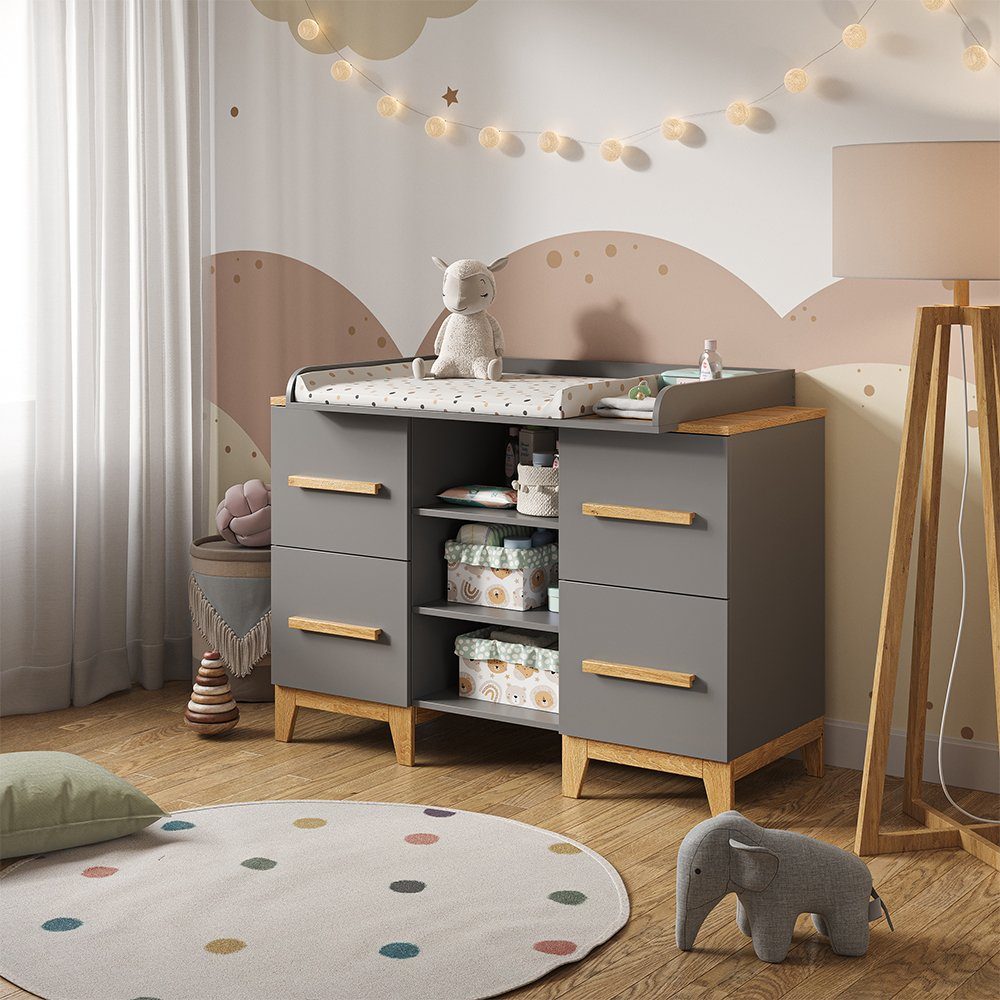 VitaliSpa® Wickelkommode Malia, Grau/Eiche, 133 x 98 cm XL mit 4 Schubladen