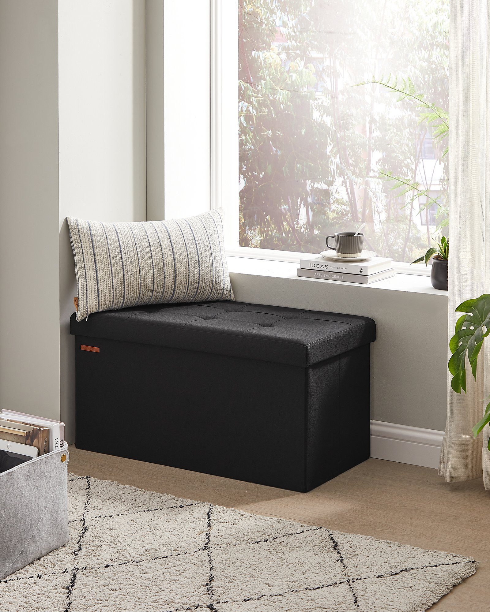 SONGMICS Sitzbank Sitzhocker mit Stauraum, klappbare, für Wohnzimmer Schlafzimmer Flur, 38 x 76 x 38 cm Fußbank, Aufbewahrungsbox, bis 300 kg belastbar