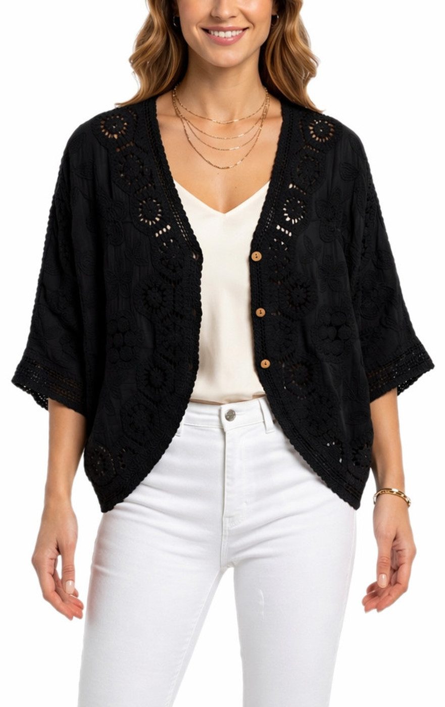dy_mode Cardigan Damen Häkel Cardigan Kurze Sommerjacke Häkeloberteil Sommerjacke in Unifarben, mit Fledermaus-Ärmeln