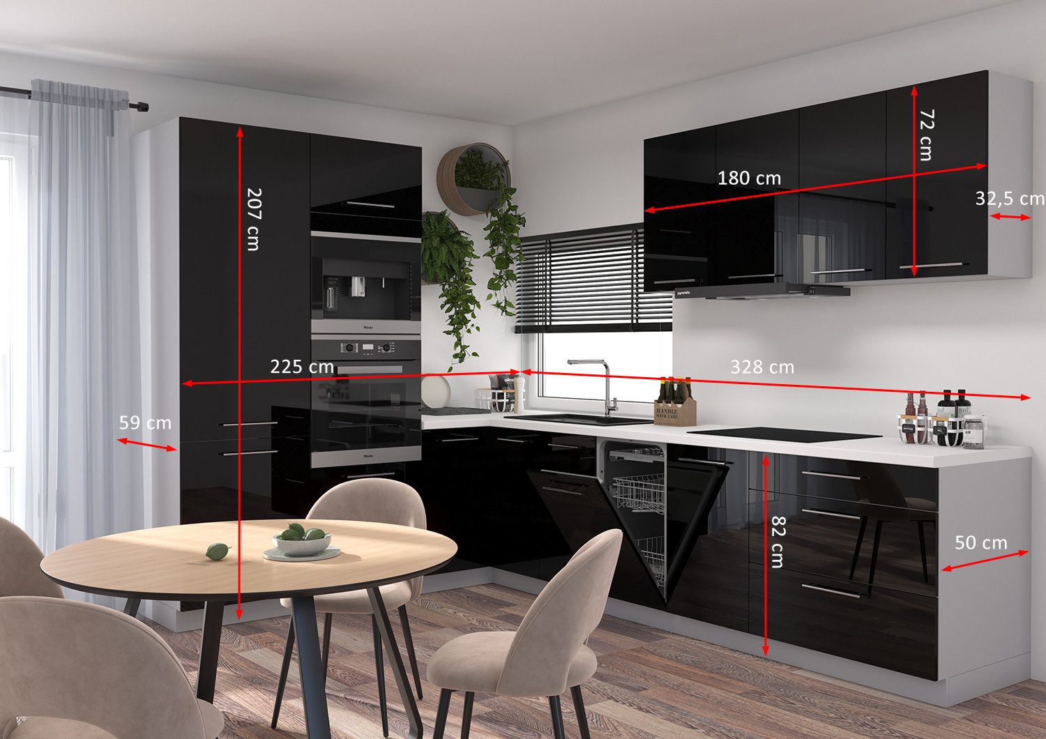 Feldmann-Wohnen Küchenzeile Essen, (Schubladen mit Teilauszug + Selbsteinzug (Blum Metabox), 225x328cm Korpus grau / Front schwarz Hochglanz 9-teilig