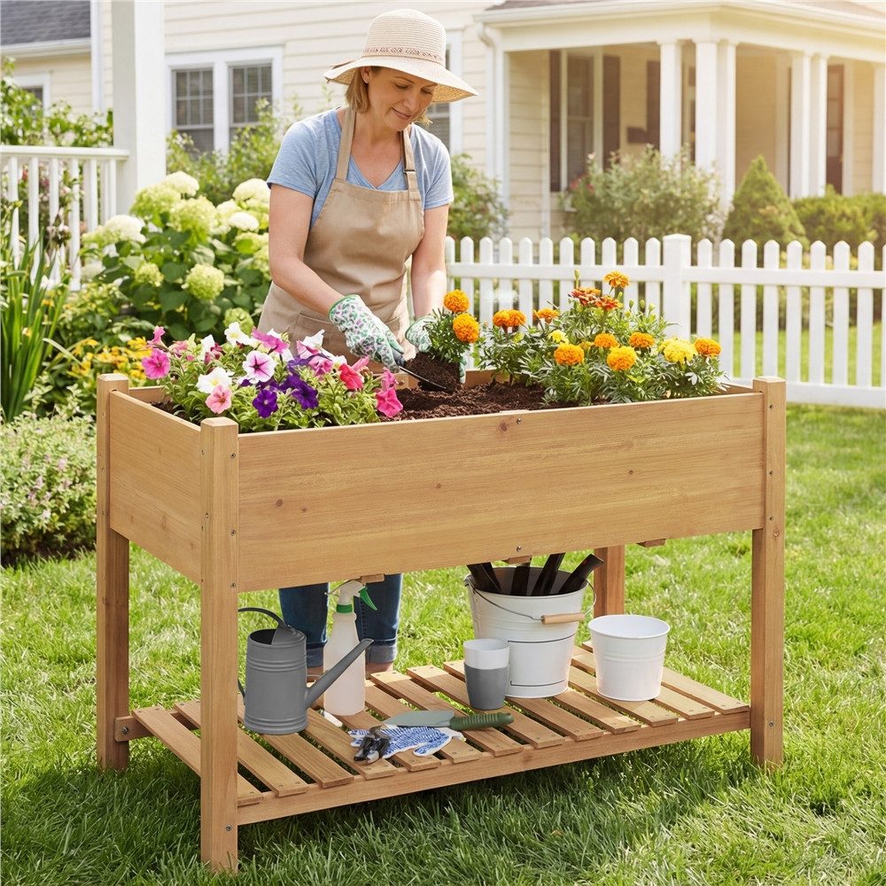 Yaheetech Hochbeet Pflanzkasten aus Massivem Tannenholz, Blumenkasten mit Ablagefach für Garten/Hof/Balkon/Außenbereich