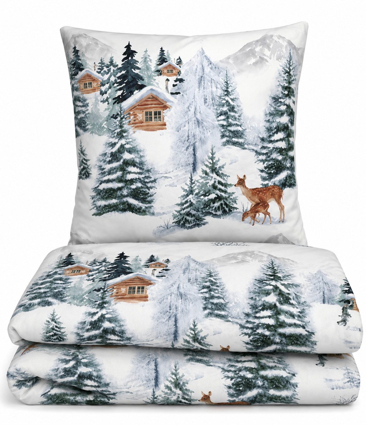 Leonado Vicenti Bettwäsche Feinbiber weich und kuschelig, Biber, 2 teilig, Winterbettwäsche, Winterlandschaft Tannenbaum in Weiss