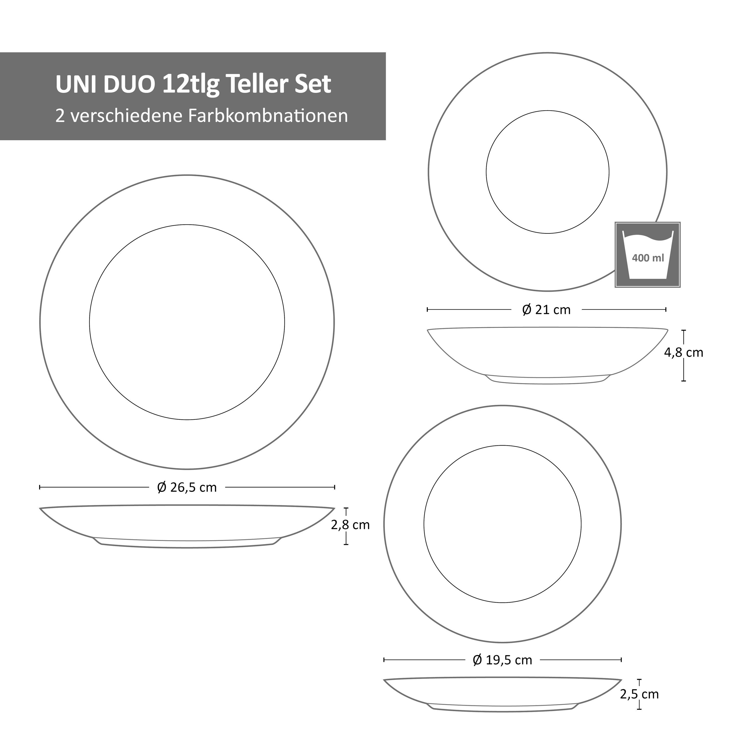 Teller grün 4 Uni Teller rot Suppe, Personen Teller-Set & Steingut Malaga Duo MamboCat 12tlg. Set