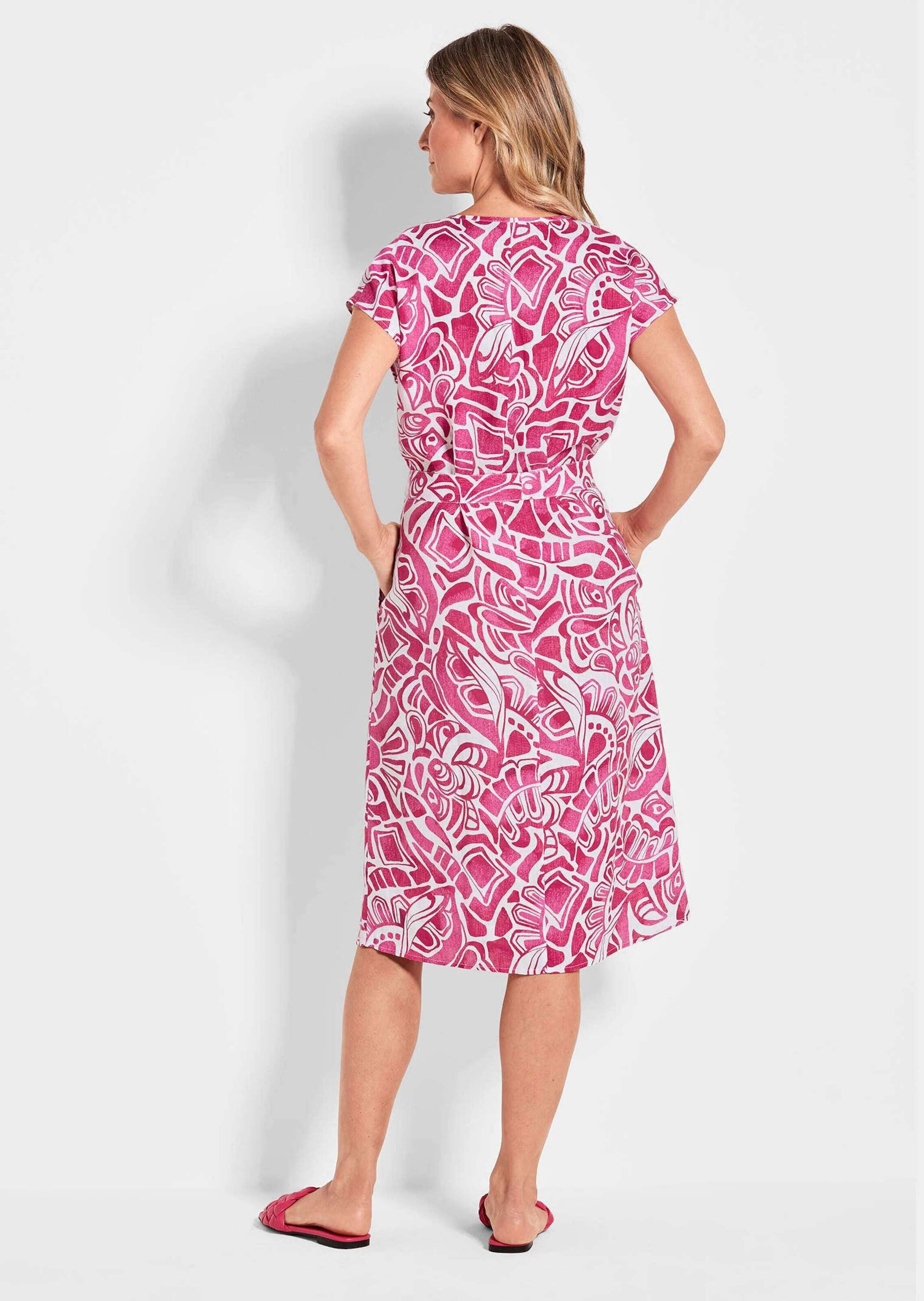 GOLDNER Sommerkleid Kurzgröße: Leinenkleid Ethno, Halbarm Printkleid aus Leinen, gemustert, figurbetont, Halbarm, tailliert