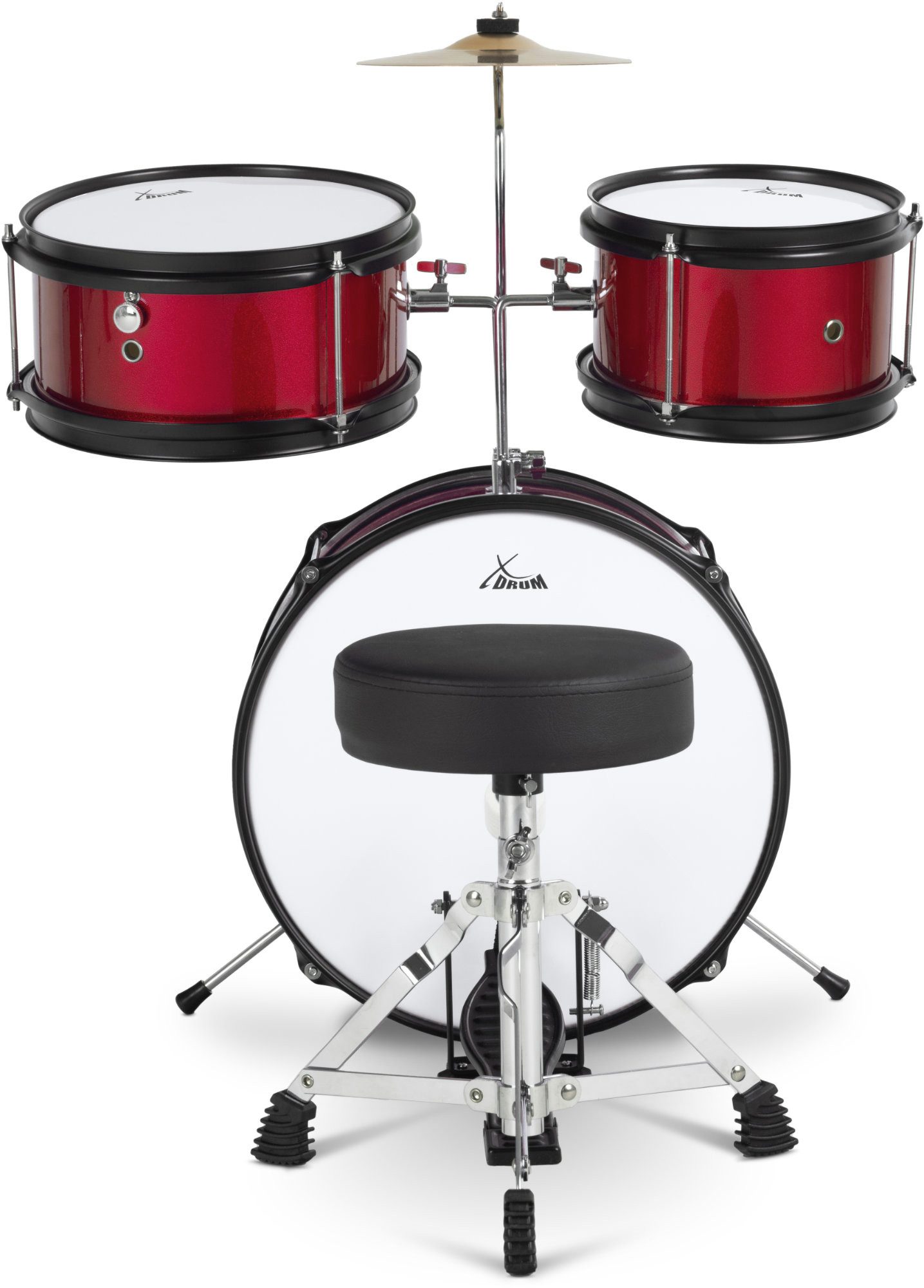 XDrum Kinderschlagzeug XDrum Junior KIDS Schlagzeug inkl. Schule Rot,Komplettes Drumset, Inkl. Drumsticks & Hocker, Kesselgrößen: Bass Drum 14", Snare Drum 8", Tomtom 10" & Becken 8''