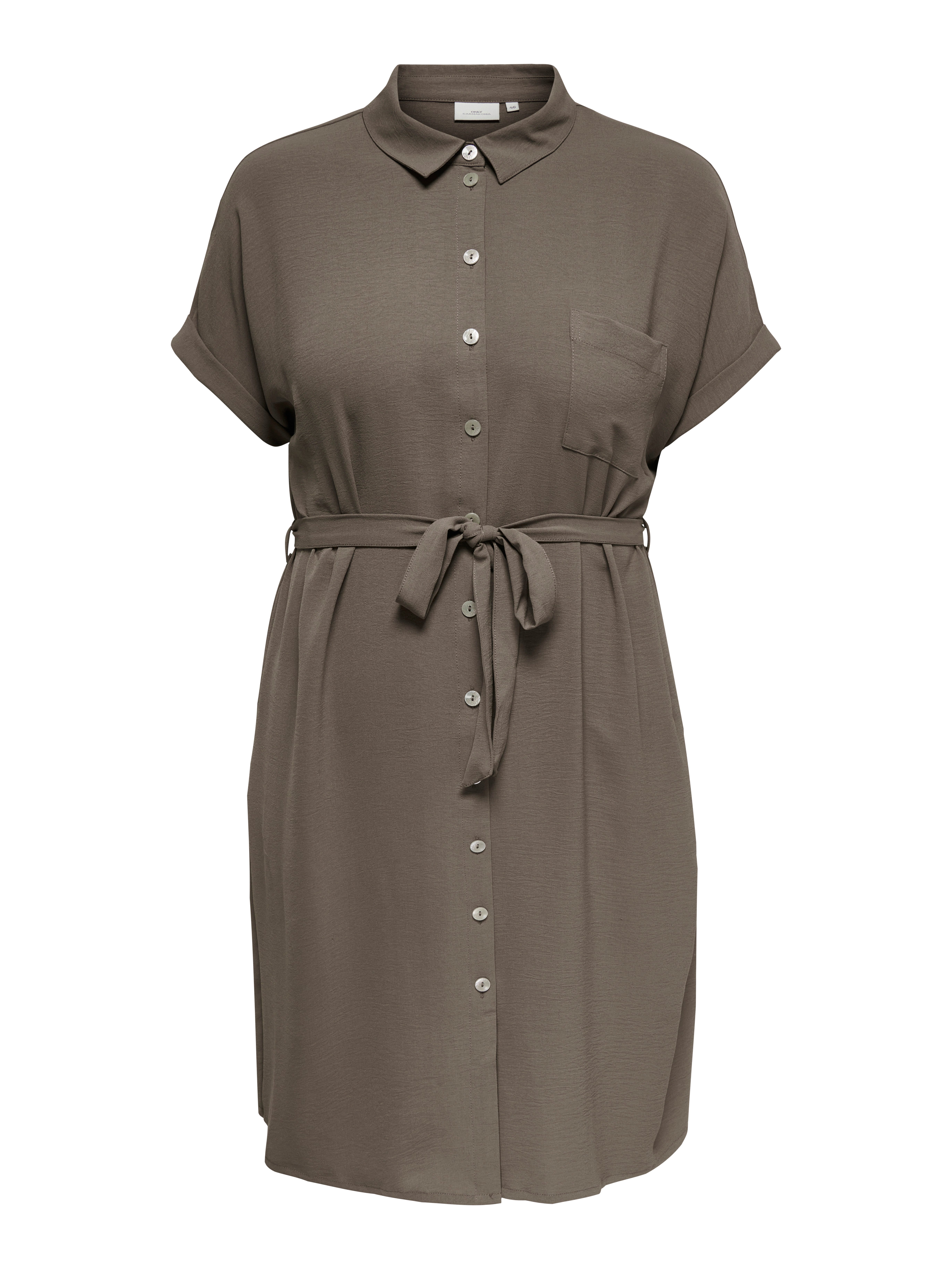 ONLY CARMAKOMA Hemdblusenkleid CARMETTA S/S V-NECK SH DRESS WVN NOOS Sommerkleid mit Kurzarm, Taillen-Bindegürtel, normaler Fit