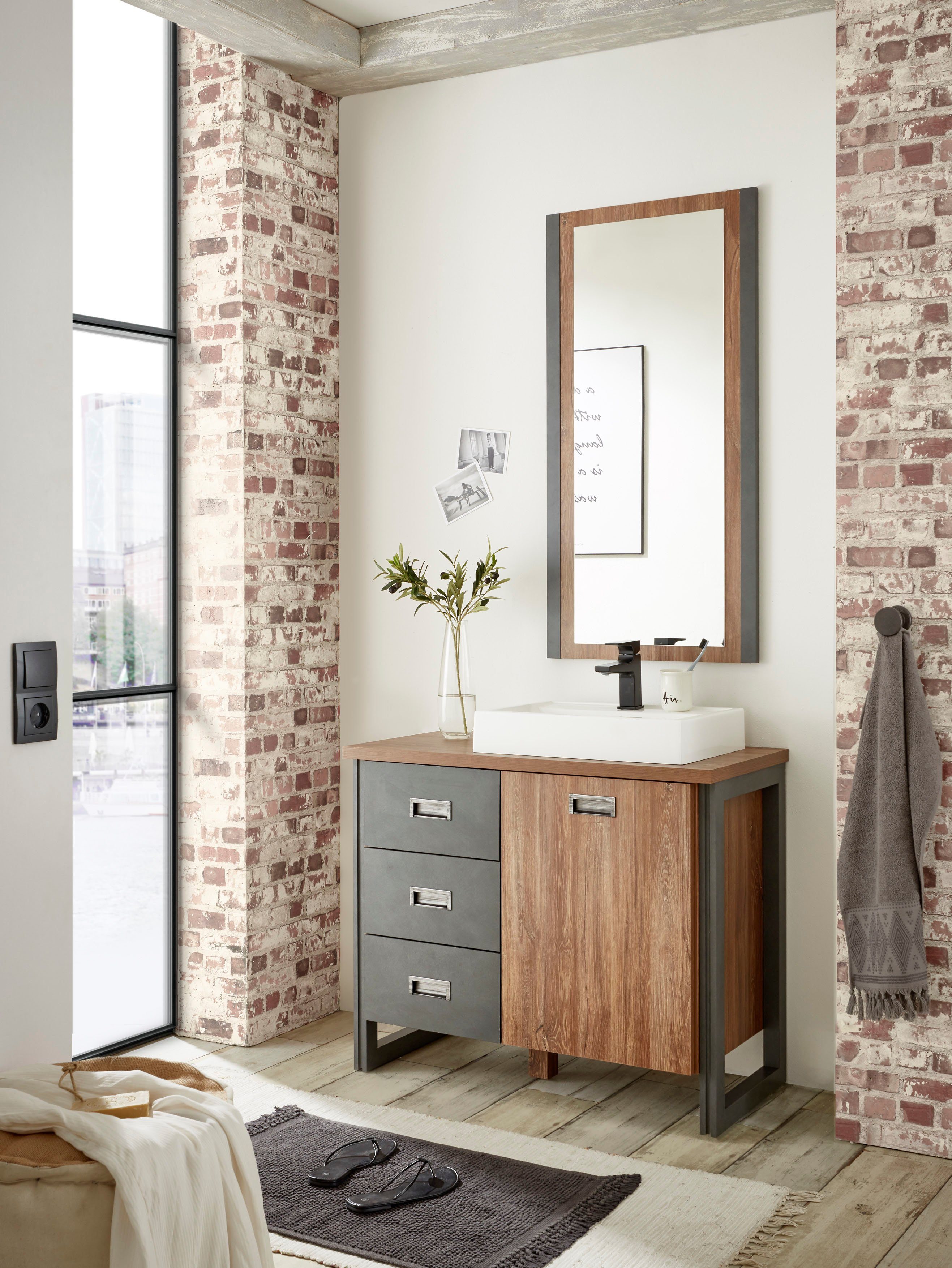 Home affaire Badmöbel-Set Detroit, Bad im Industrialdesign, 2-teiliges Badezimmer, (Set, 2-St), Waschtisch und Spiegel, inkl. Aufsatzwaschbecken aus Mineralguss