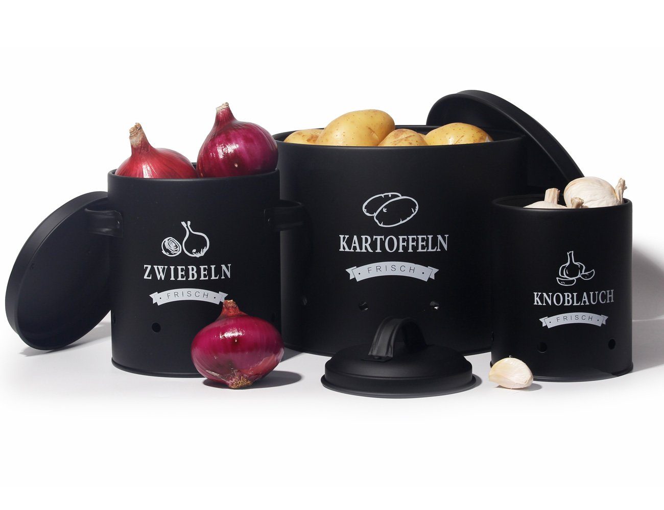 Zedelmaier Vorratsdose Aufbewahrung Kartoffeln Set für Kartoffeln,Zwiebeln,Knoblauch Metall, (TDYC-SET), Zwiebeltopf Kartoffeltopf Knoblauchtopf,Runde Form