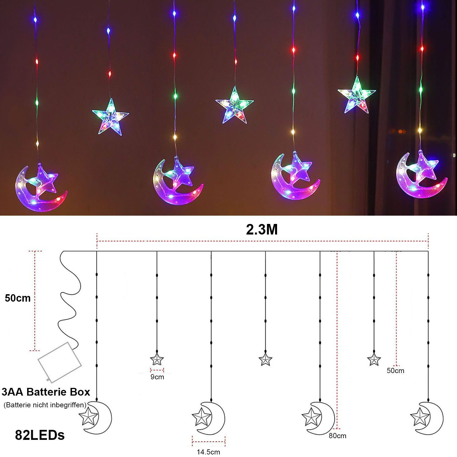 Rosnek LED-Lichtervorhang 2.3M, Mond batterie, Camping mit Schlafzimmer Stern, für Party Zelt Weihnachten, Ramadan Multicolor
