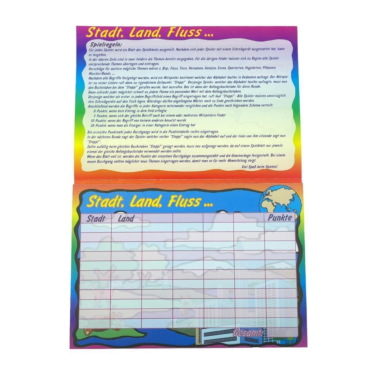 Global Partner Spiel Stadt Land Fluss Spielblock 50 Blatt DIN A5, Gesellschaftsspiel, Mit ausführlicher Spielanleitung.