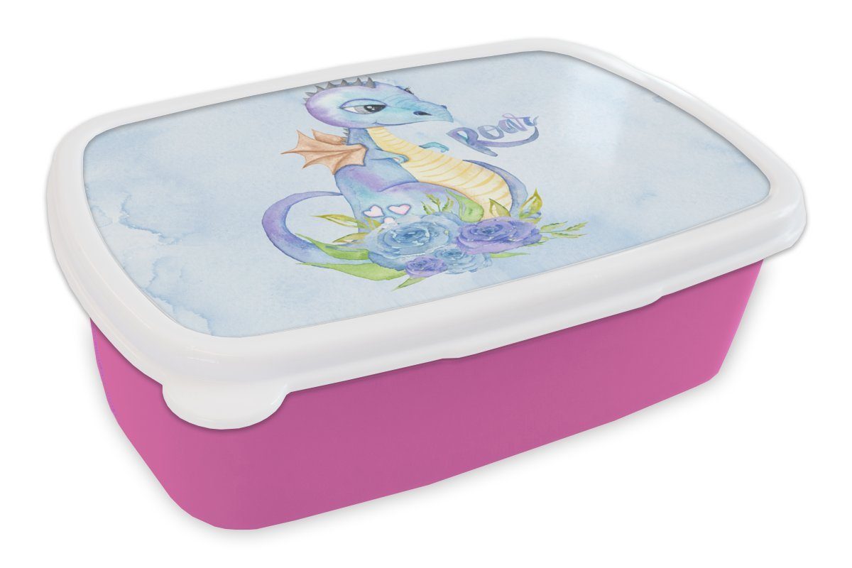 Kunststoff MuchoWow Kunststoff, (2-tlg), - - Mädchen, Kinder, Aquarell Kinder, Erwachsene, Jungen Brotdose - Brotbox Lunchbox - Dino rosa Snackbox, für Kinderzimmer