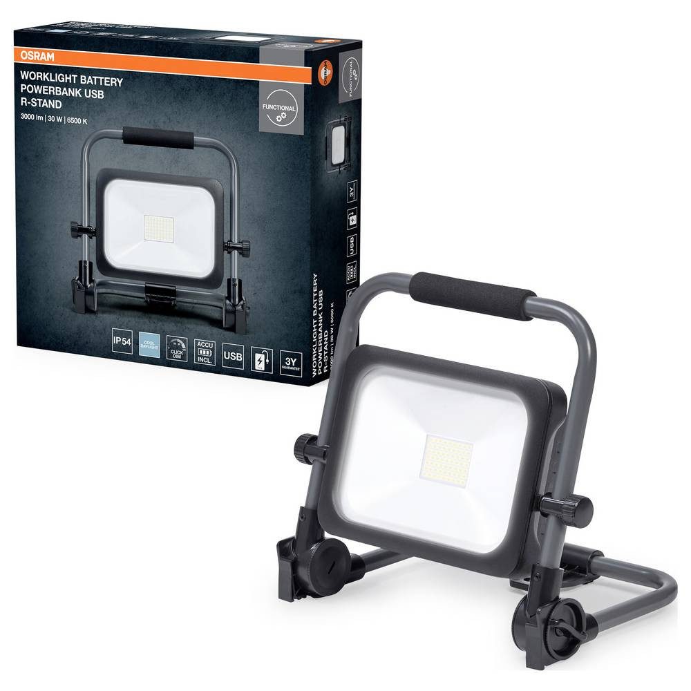 Osram Deckenleuchte Baustrahler LED 30 W Kaltweiß, Tageslichtweiß 4099854430534, Mit Powerbank-Funktion, Akkubetrieb, Schwenkbar, Mit Tragegriff, Mit U