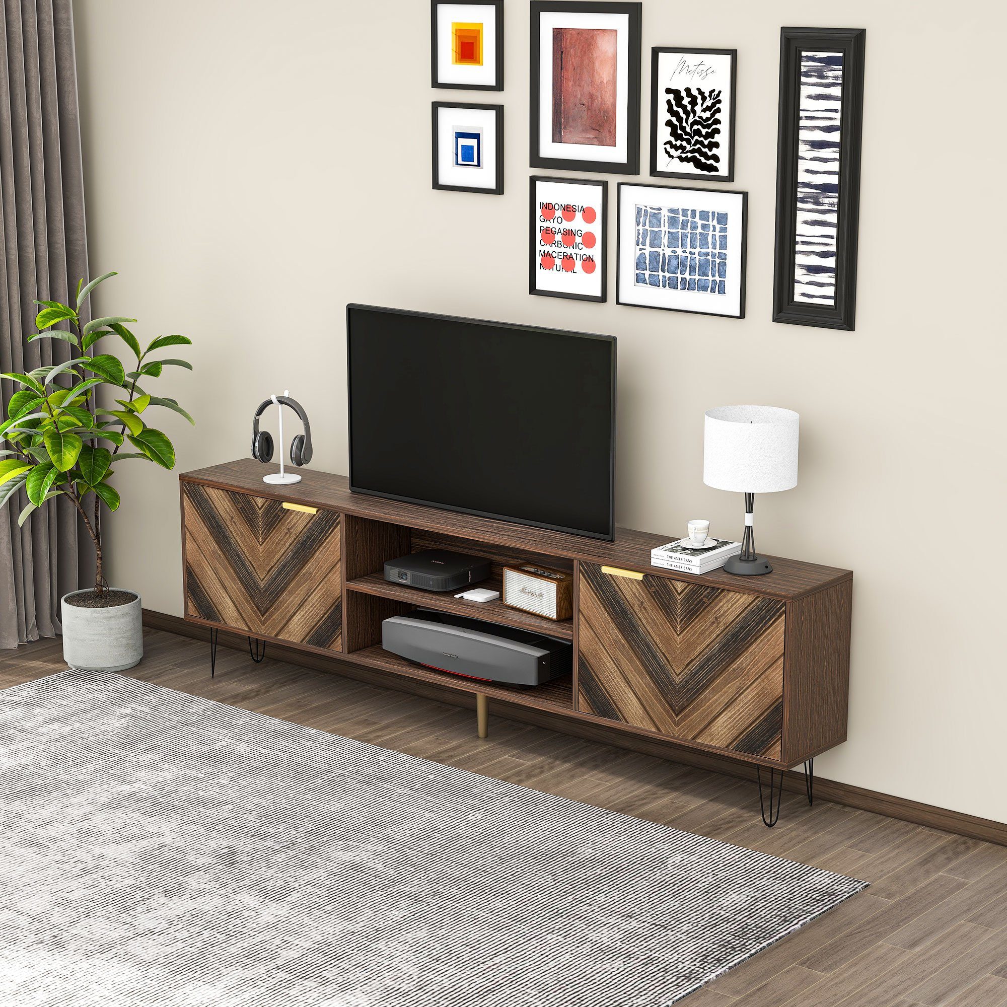 Merax Lowboard mit Fischgrätenmuster Dekor und Eisenfüße, TV-Schrank mit magnetischen Türen,Fernsehtisch,B/H/T: 160/48/38cm