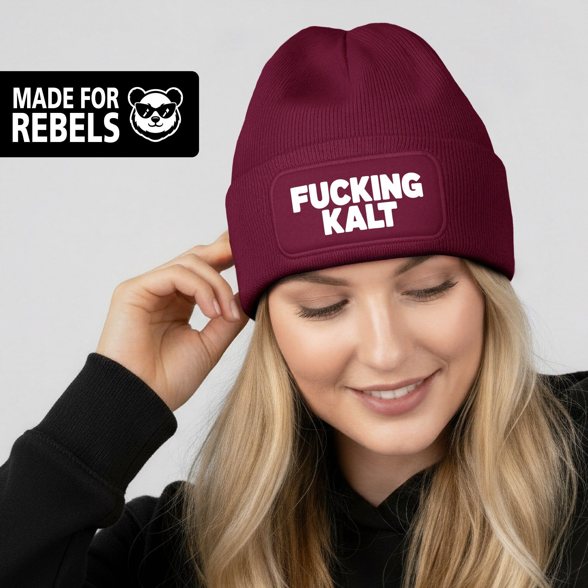 MoonWorks Strickmütze Damen Beanie mit Patch Strickmütze mit Spruch Kalt Wintermütze
