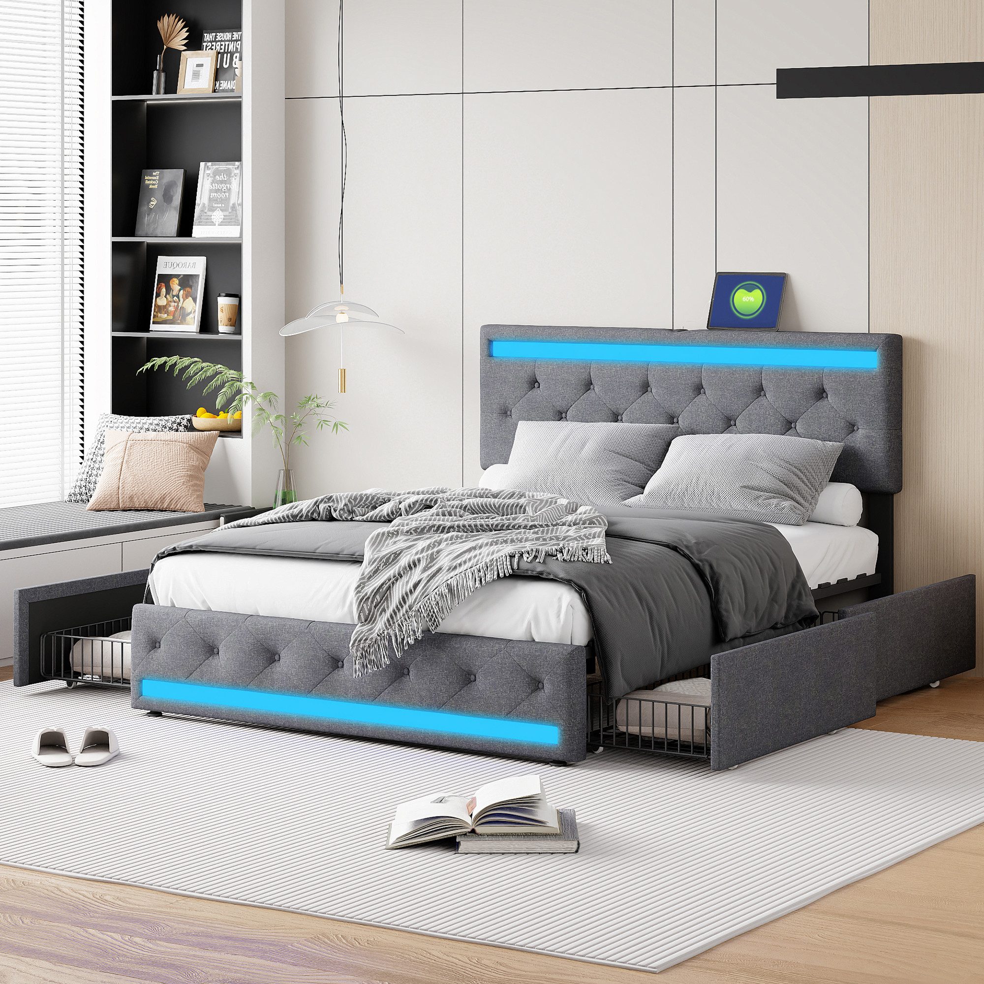 FUROKOY Polsterbett Doppelbett Stauraumbett mit 4 günstig online kaufen