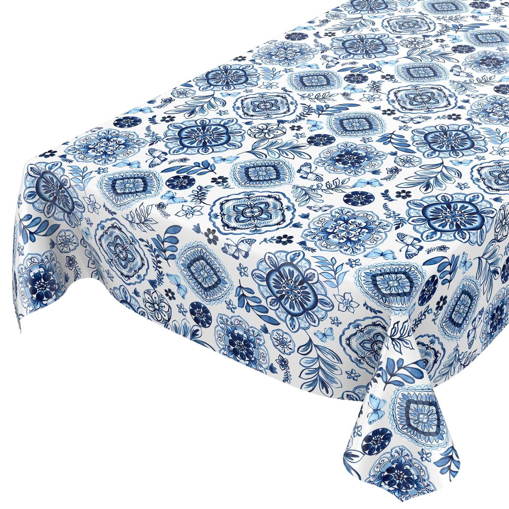 ANRO Tischdecke Tischdecke Wachstuch Ornamente Blau Robust Wasserabweisend Breite 140, Glatt