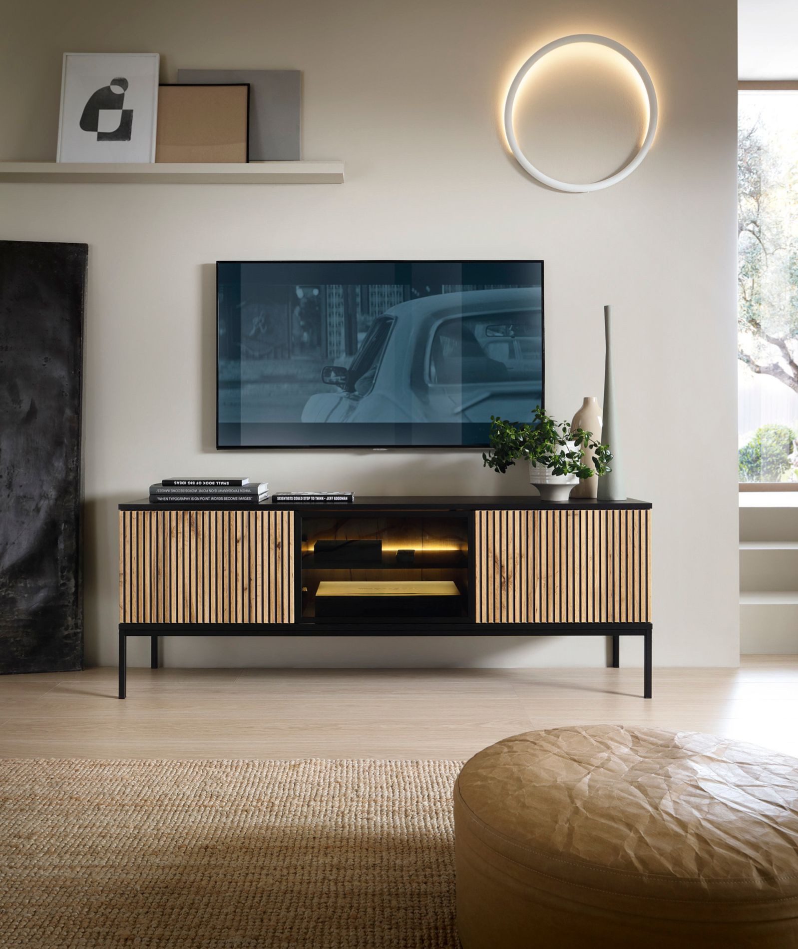 Selsey TV-Schrank TOSENA TV-Lowboard mit LED-Beleuchtung, Lamellenfront, Glasdetail, 160 cm