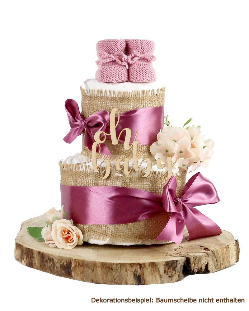 dubistda-WINDELTORTEN- Neugeborenen-Geschenkset Windeltorte ALLES JUTE mit "Oh Baby"-Holz Caketopper und Baby Booties