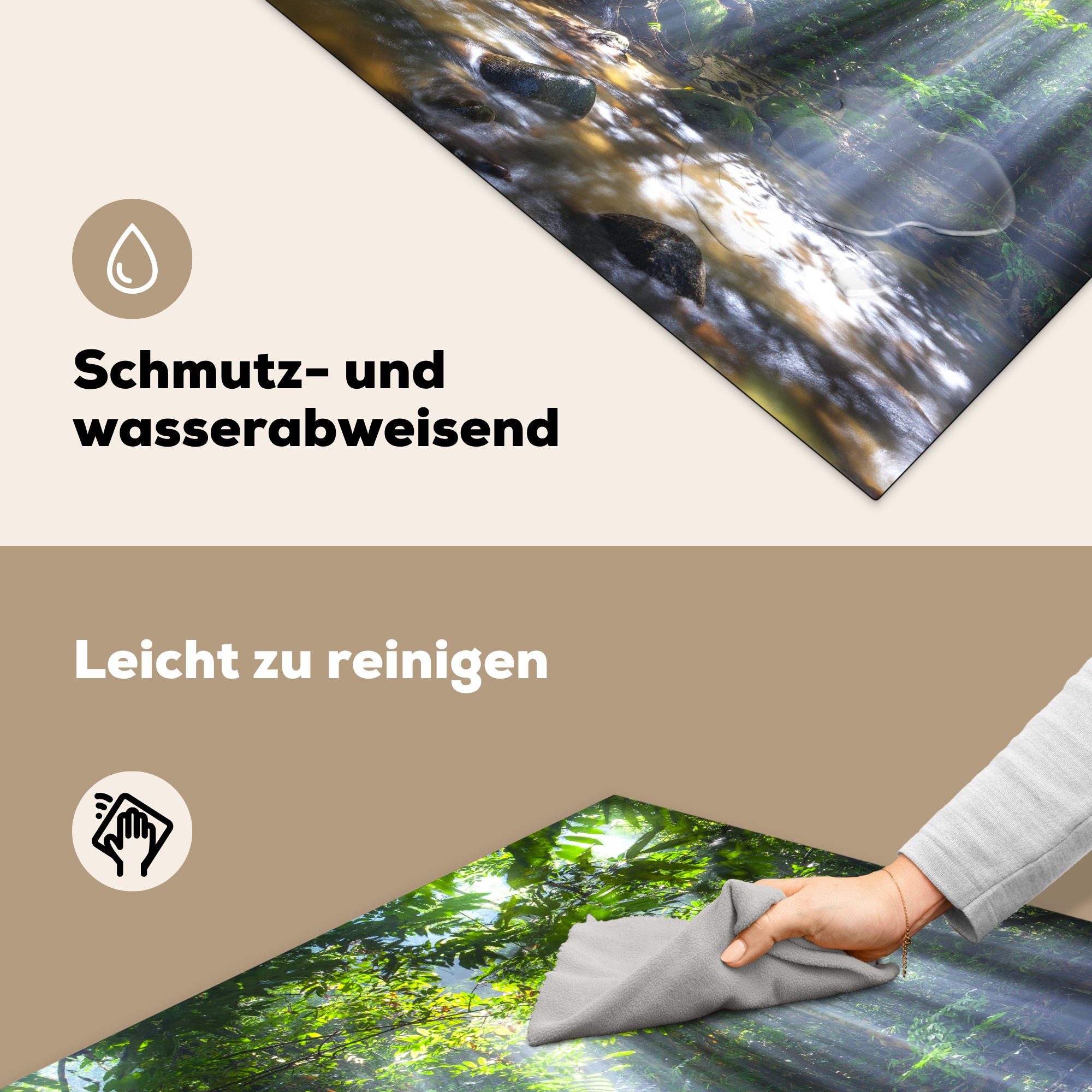 (1 leuchten Vinyl, Sonnenstrahlen Arbeitsplatte 78x78 küche Ceranfeldabdeckung, tlg), MuchoWow cm, für Herdblende-/Abdeckplatte Regenwald, in Malaysias