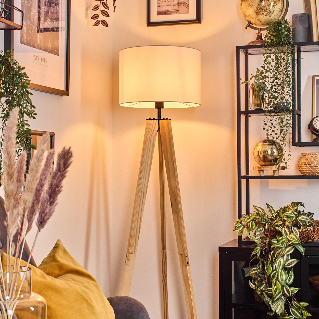 hofstein Stehlampe Stehlampe aus Holz/Metall im skandinavischen Design, ohne Leuchtmittel, Boho-Style, Schirm aus Stoff, Ø 38 cm, E27, 160 cm mit Fußschalter