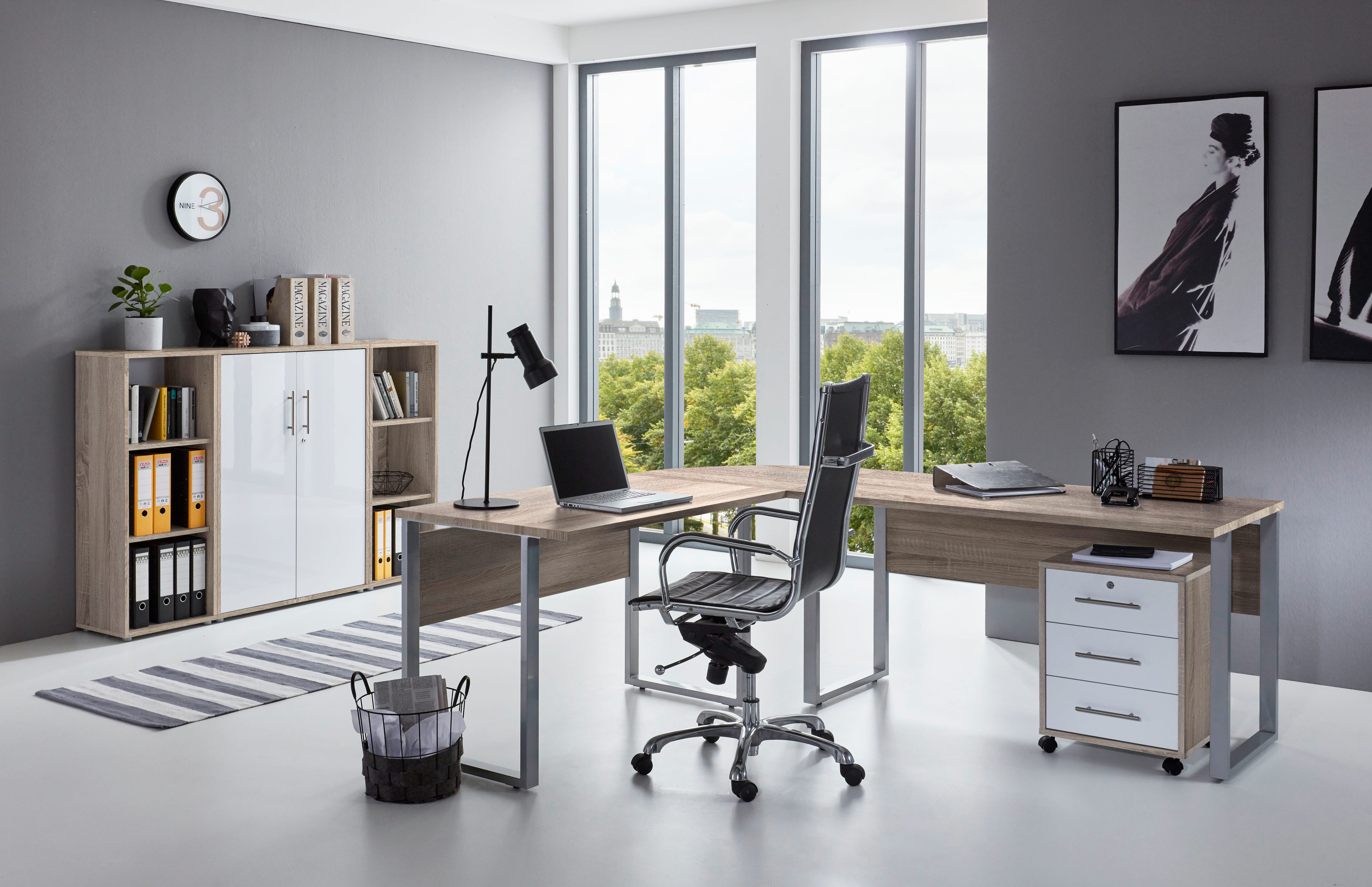BMG Möbel Büromöbel-Set Office Edition Set 2, (Büro Set, 5 tlg., Fronten Matt oder Hochglanz lackiert), Aktenschrank und Rollcontainer abschließbar, Winkelschreibtisch