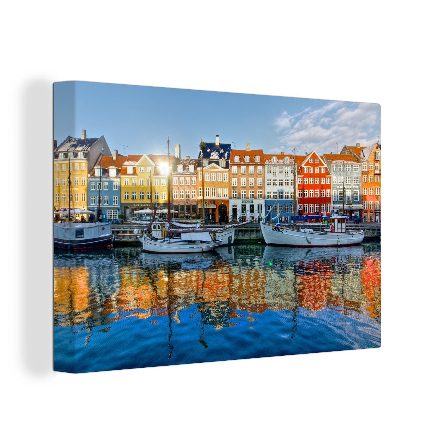 OneMillionCanvasses® Leinwandbild Bunte Häuser mit Booten in Nyhavn, (1 St), Wandbild Leinwandbilder, Aufhängefertig, Wanddeko, 30x20 cm