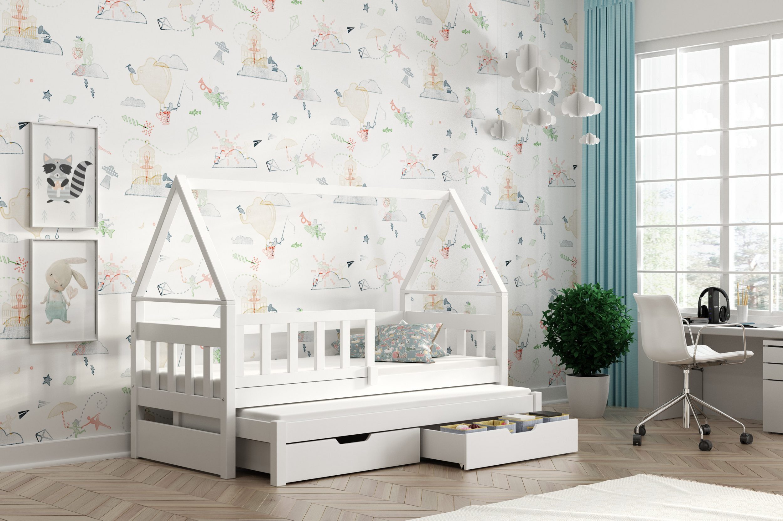 Kinderbett mit Rausfallschutz und Ausziehbett und 2 Schubladen INKL. Matratzen