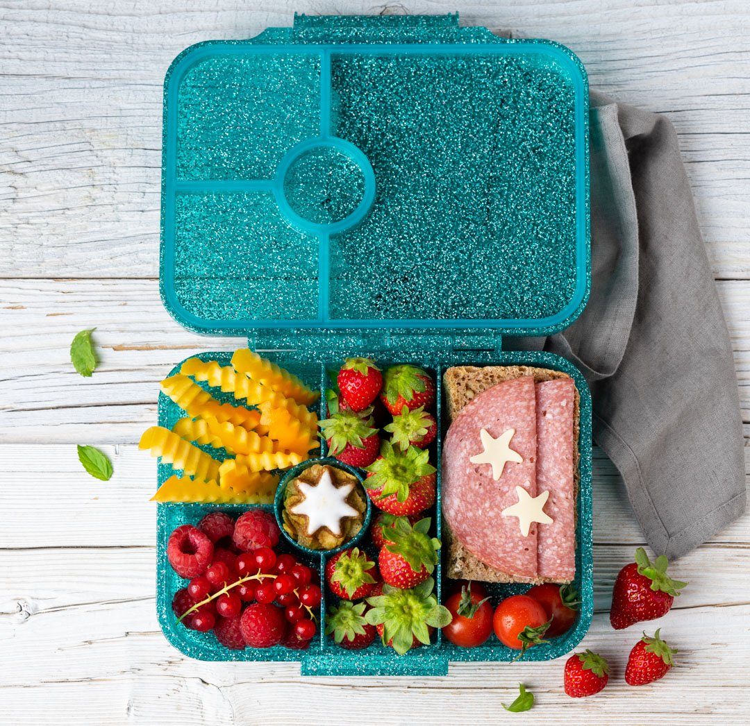 LEKKABOX Lunchbox Glitzer Brotdose, 4 Fächer - Kinder Bento Box Vesperdose Brotbox, Für feuchte Lebensmittel auslaufsichere Bento Box, inkl. extra Trenner