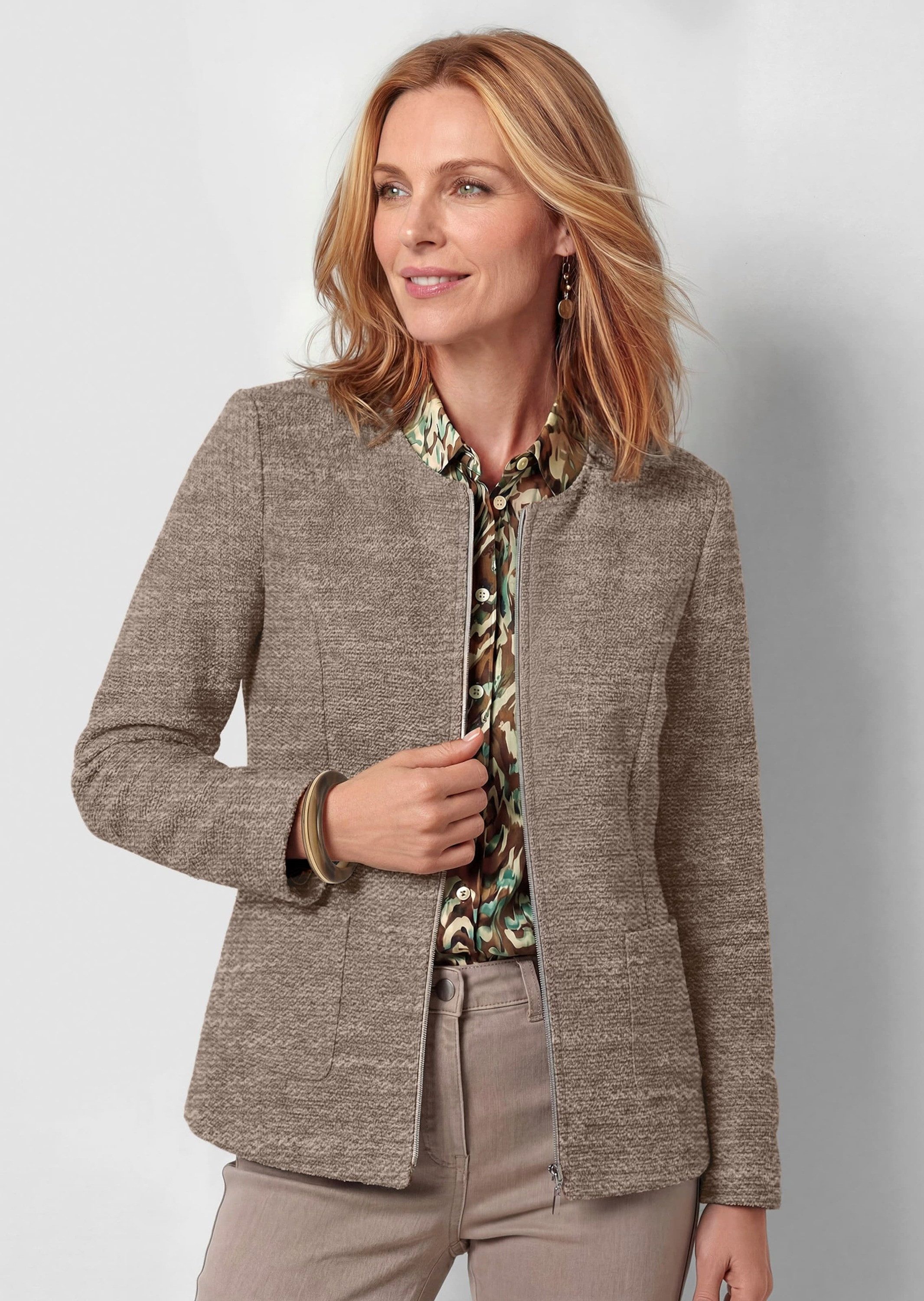 GOLDNER Jerseyblazer Jacke im Bouclé-Look Leichte Jerseyjacke aus Baumwollmix mit Reißverschluss und Taschen